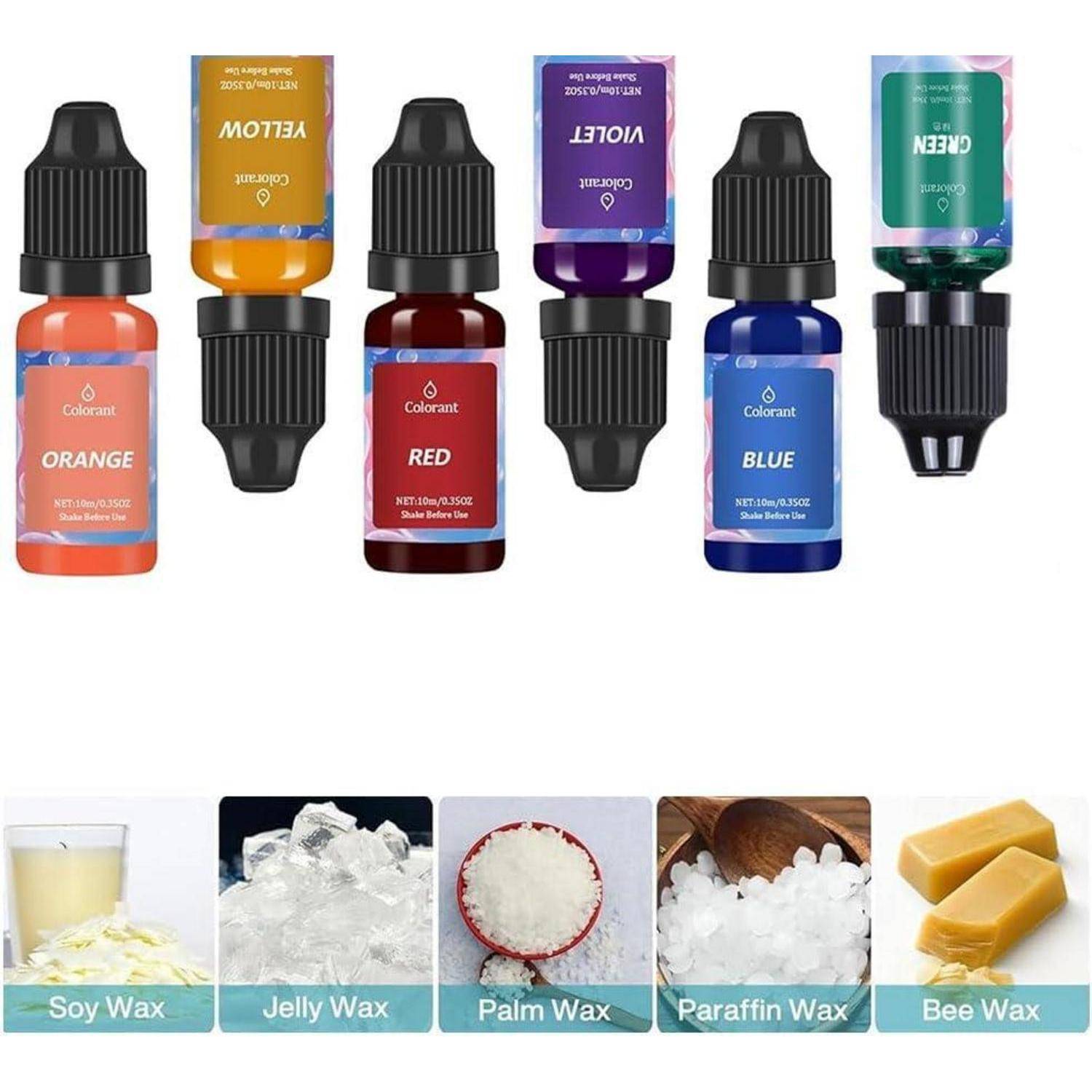 Farbstoffliquide in Flaschen in Orange, Gelb, Rot, Violett, Blau und Grün über einem beschrifteten Wachsvergleich mit Soja-, Gelee-, Palm-, Paraffin- und Bienenwachs.