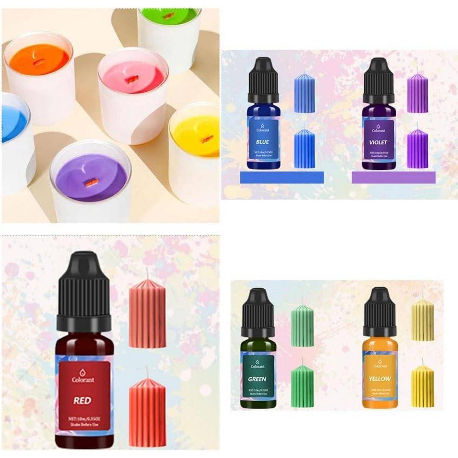 Collage mit farbenfrohen Kerzen und Flaschen mit flüssigen Kerzenfarben mit den Aufschriften Blau, Violett, Rot, Grün und Gelb, jeweils kombiniert mit entsprechend gefärbten Kerzen.
