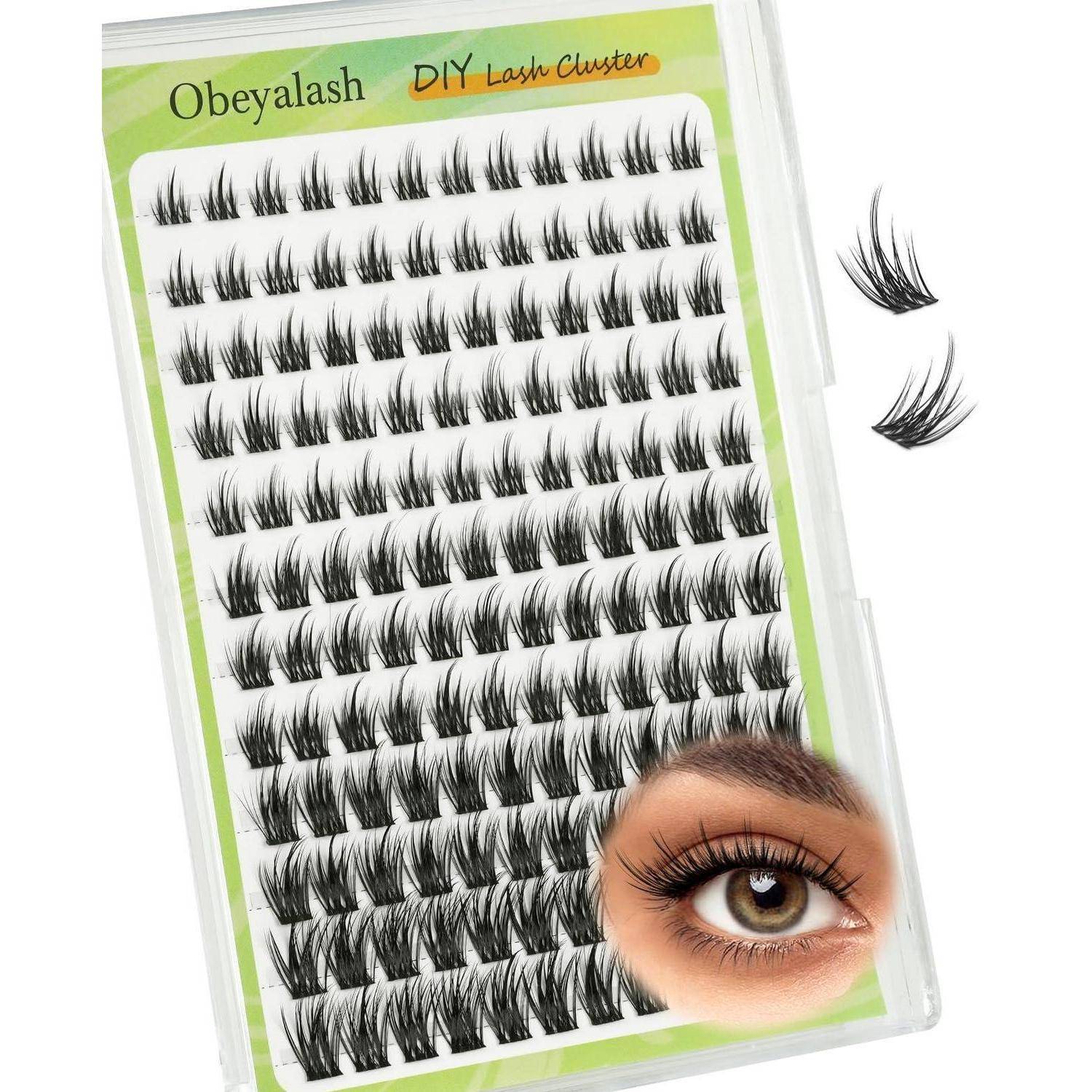 Packung von Obeylash DIY Lash Clusters zeigt mehrere Reihen von Wimpernbündeln, mit zwei lockeren Wimpernstücken und einer Nahaufnahme des Auges beim Auftragen von Wimpern.