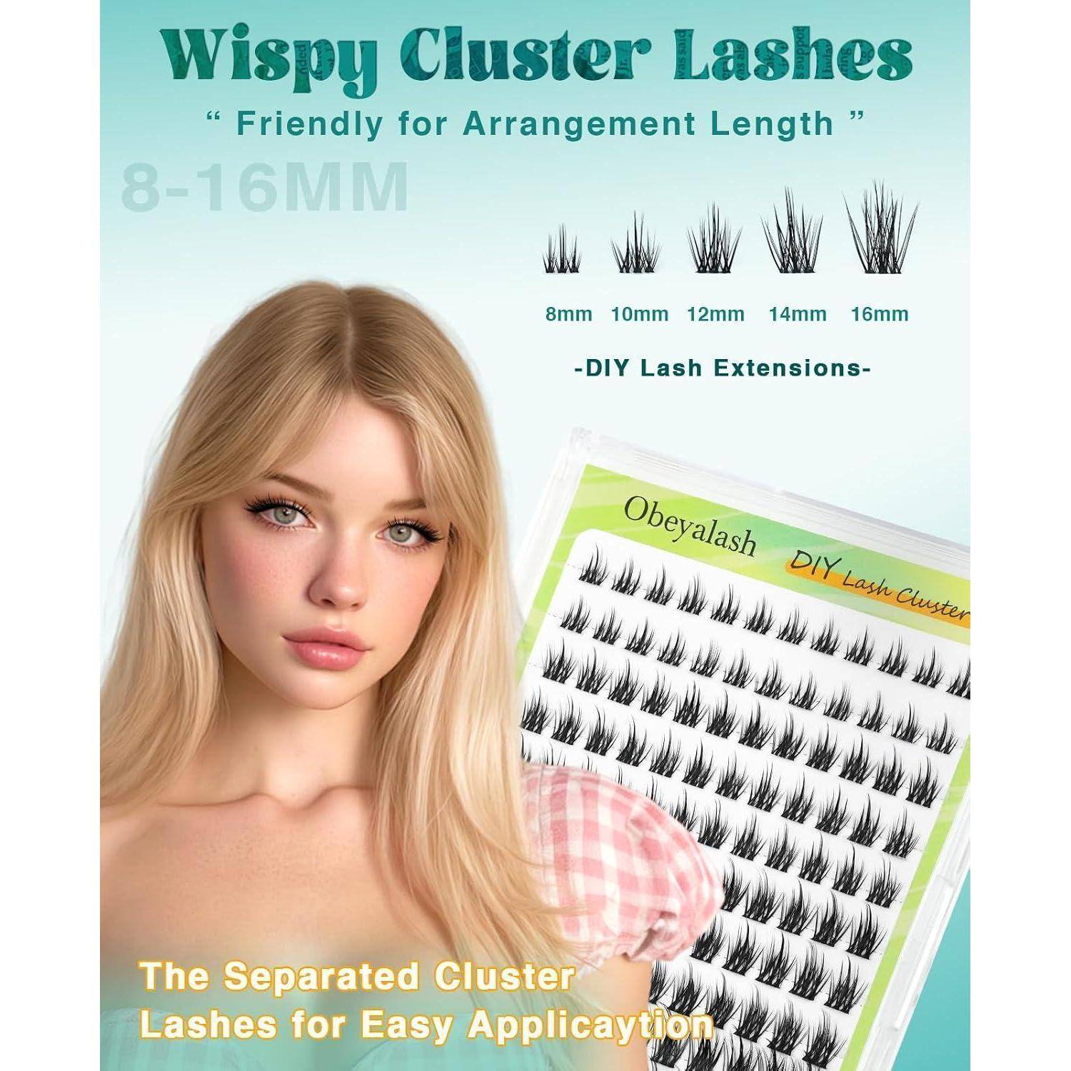 Anzeige für sanfte Cluster-Wimpern: blondes Model neben Wimpern-Palette, beschriftet mit 8-16mm und 8, 10, 12, 14, 16mm, mit Text „DIY Wimpernverlängerungen