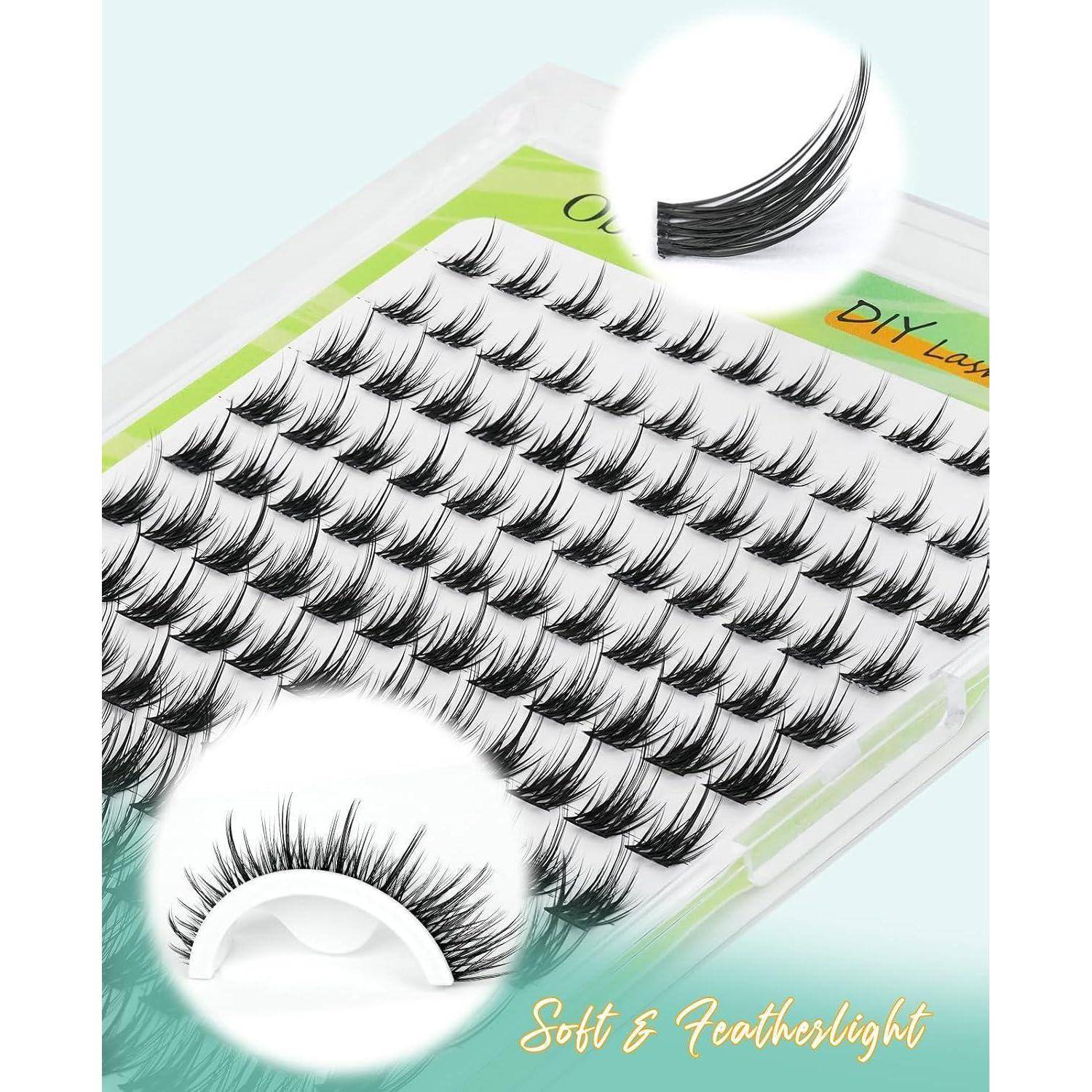 Packung mit falschen Wimpernbüscheln in einem durchsichtigen Tablett, beschriftet mit „DIY Lashes