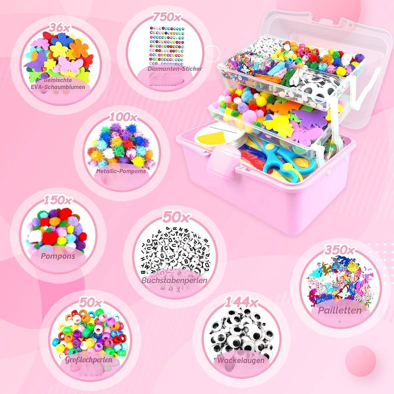 Rosa Bastelaufbewahrungsbox mit Tablett und Schere, umgeben von Symbolen, die verschiedene Bastelzubehörteile mit Mengenangaben zeigen: Perlen, Pom-Poms, Aufkleber, Buchstabensperlen, Augen und Pailletten.