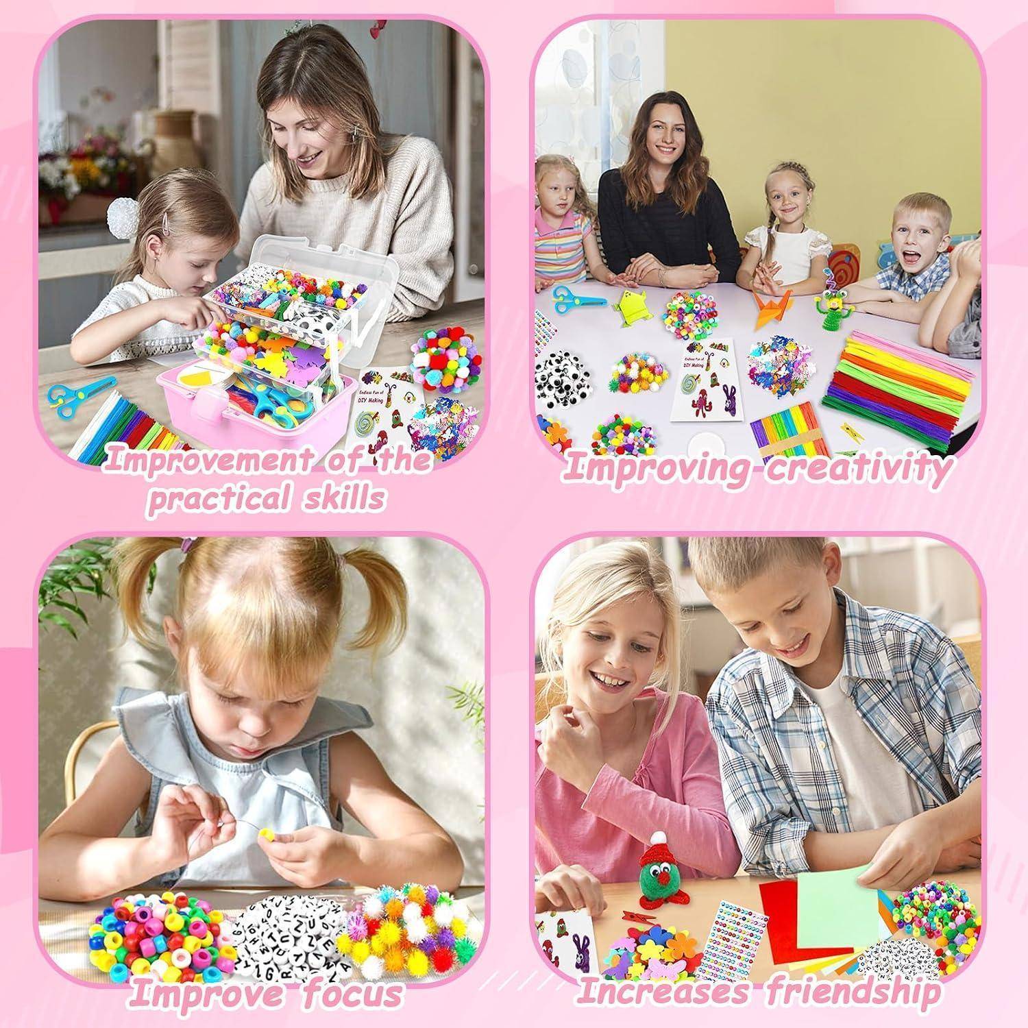 Collage von Kindern, die bunte Bastelperlien und Papierkunst verwenden, um 'Verbesserung der praktischen Fähigkeiten', 'Verbesserung der Kreativität', 'Verbesserung der Konzentration' und 'Stärkung der Freundschaft' zu zeigen.