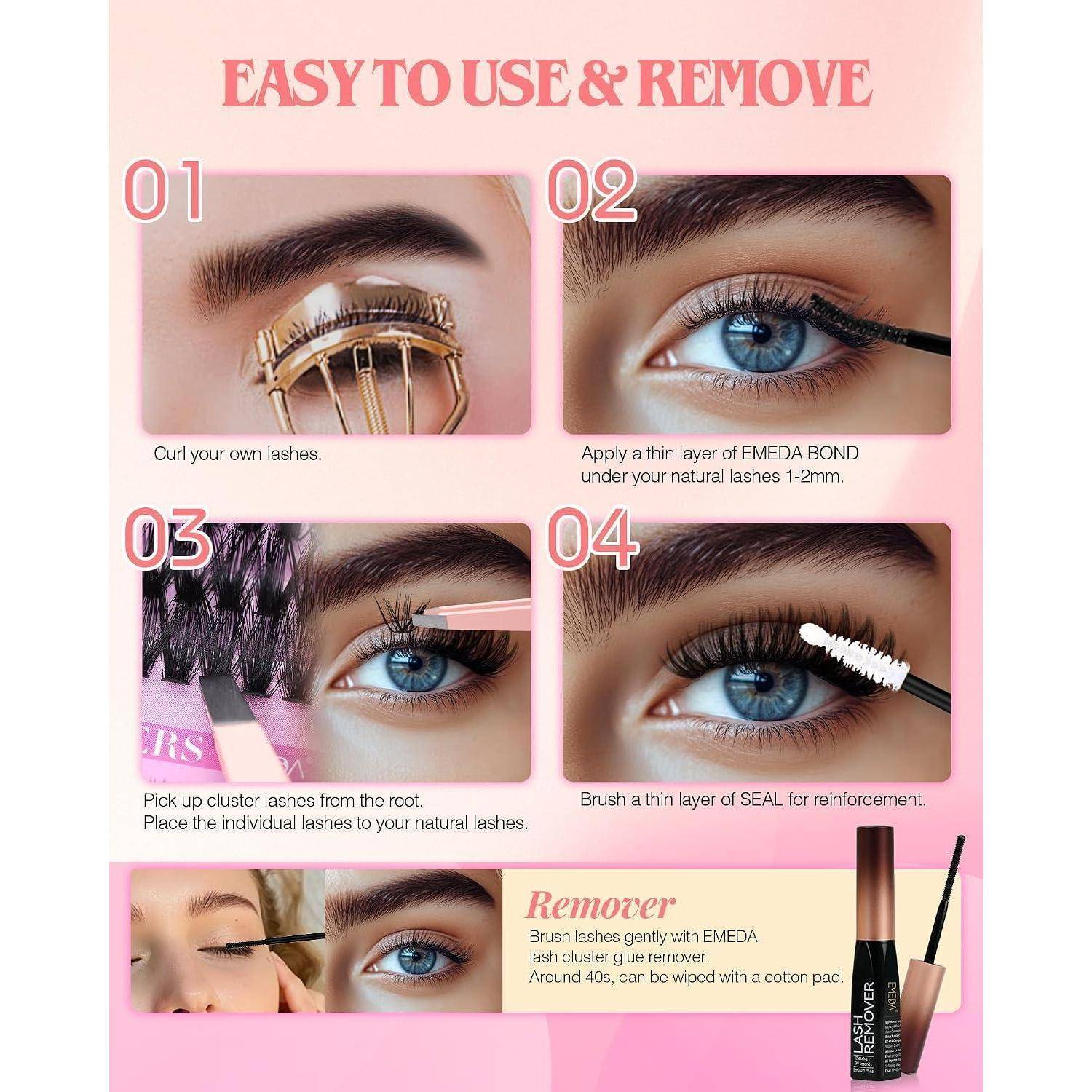 Anleitung zur Wimpernverlängerung mit vier Schritten: Wimpern kräuseln, Haftstoff auftragen, Cluster an der Wurzel platzieren und versiegeln; umfasst die Verwendung von Entferner.