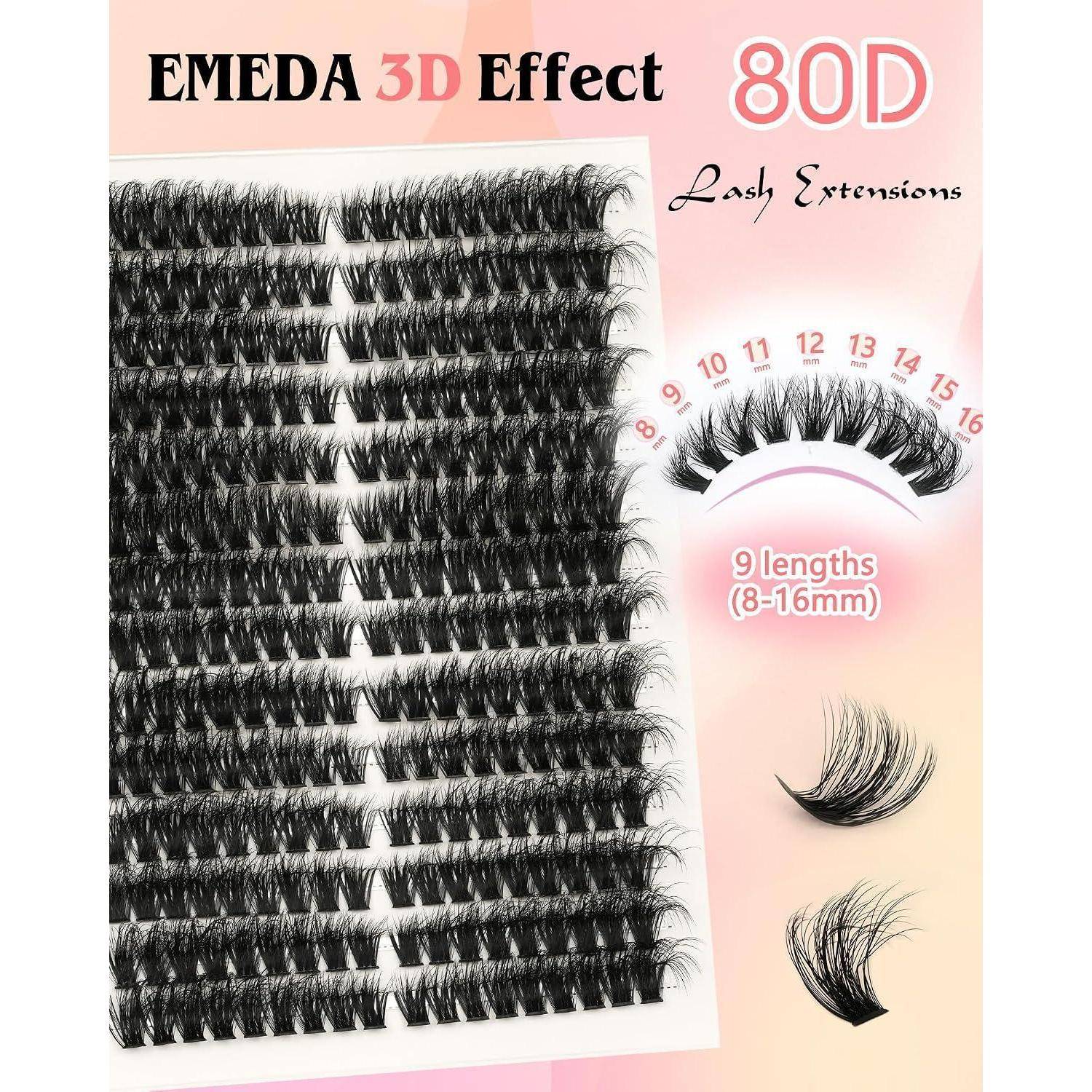 Produktanzeige für EMEDA 3D Effect 80D Wimpernverlängerungen, die ein Wimpernstreifen-Blatt und Curl-/Längenoptionen mit der Bezeichnung 8-16mm mit 9 Längen zeigt.