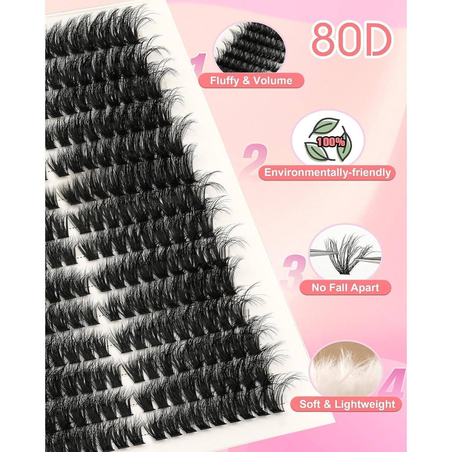 Werbebild von schwarzen 80D Wimpernverlängerungen in einem Wimpern-Tablett, das fluffiges Volumen, umweltfreundlichkeit, kein Auseinanderfall und leichte, weiche Eigenschaften hervorhebt.