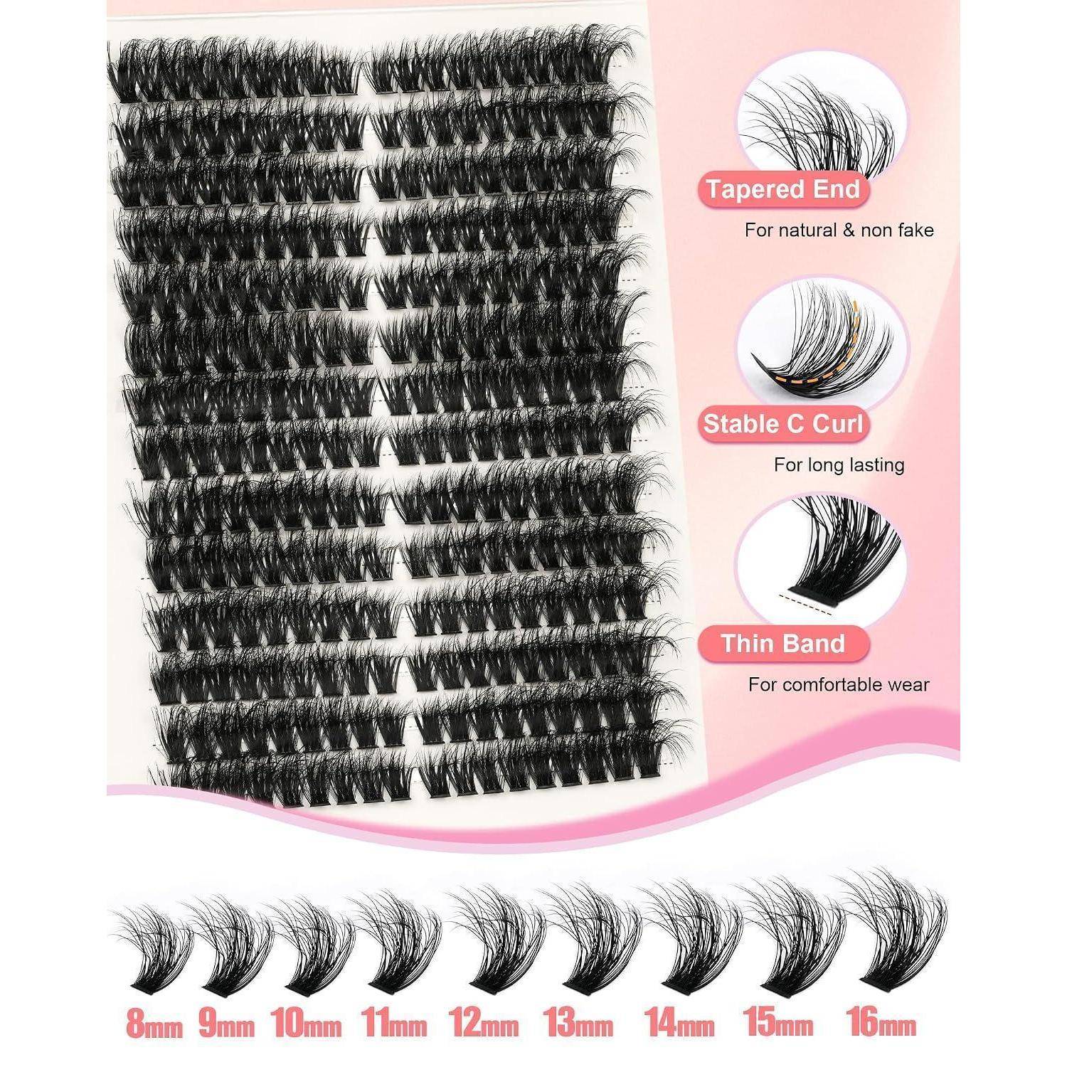Falsche Wimpernstreifen in verschiedenen Längen von 8 mm bis 16 mm mit Beschriftungen für verjüngte Enden, stabilen C-Schwung und dünnes Band.
