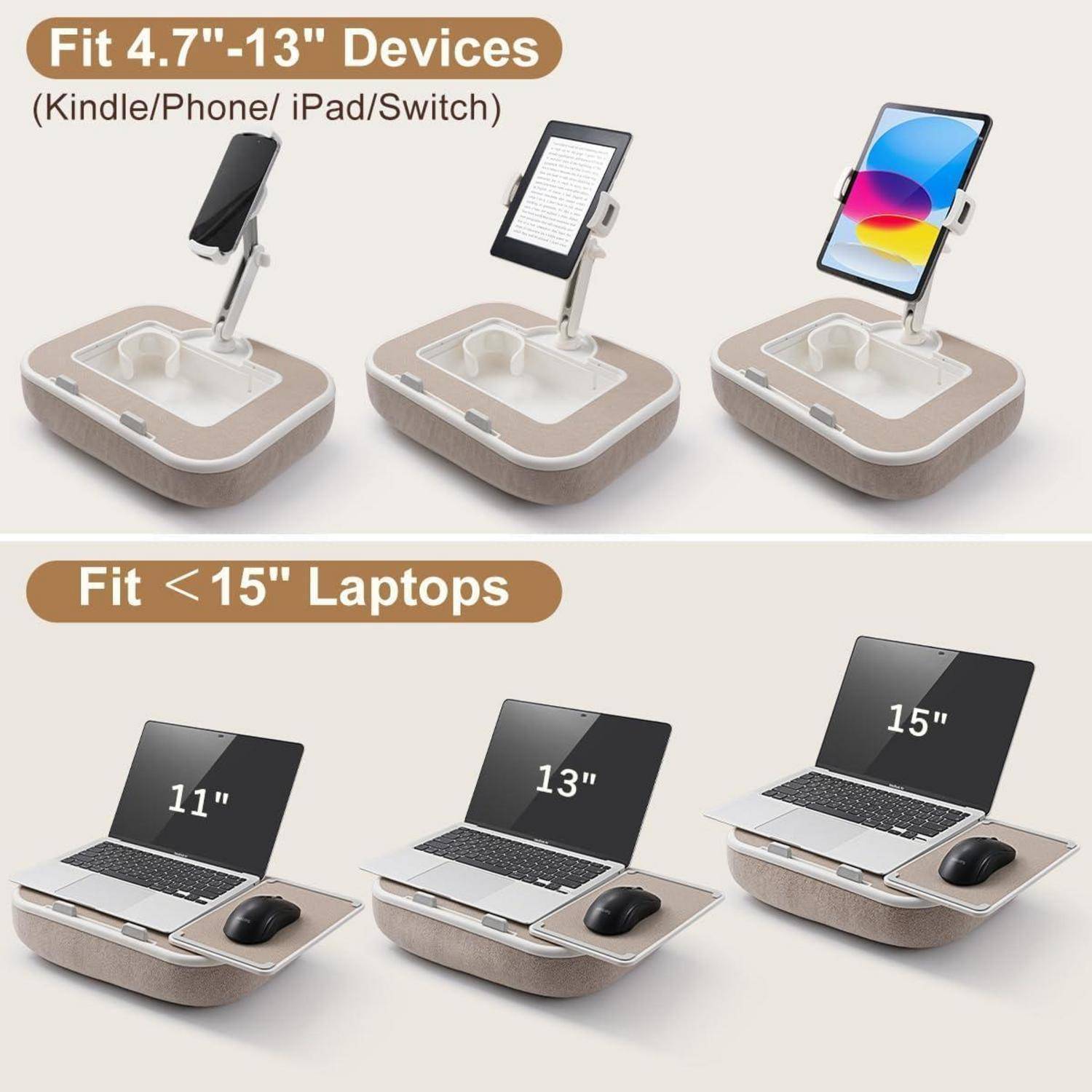 Produktgrößenleitfaden mit einem Kissen-Laptoptisch, der Geräte von 4,7-13 Zoll und Laptops unter 15 Zoll aufnimmt, einschließlich Telefone, Tablets und Laptops.