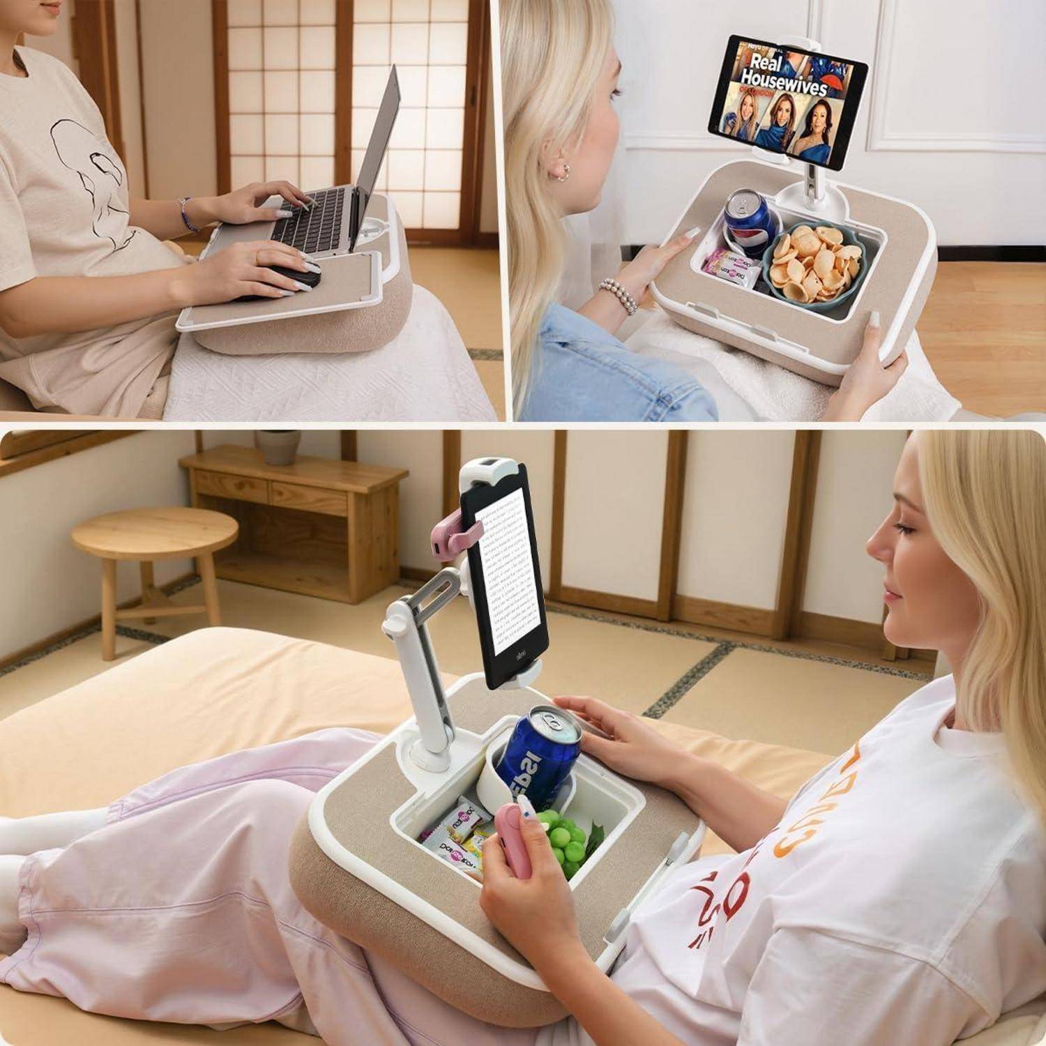 Tragbarer Schoßtisch mit Tablet-Halterung und integriertem Ablagefach, das von Personen verwendet wird, die im Bett oder auf dem Sofa sitzen oder liegen.