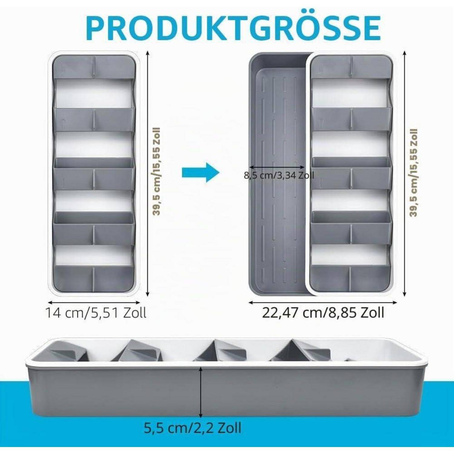Produktgrößendiagramm eines grauen geteilten Tabletts: 39,5 cm hoch, 14 cm breit, expandiert auf 22,47 cm breit, 8,5 cm tief und 5,5 cm hoch.