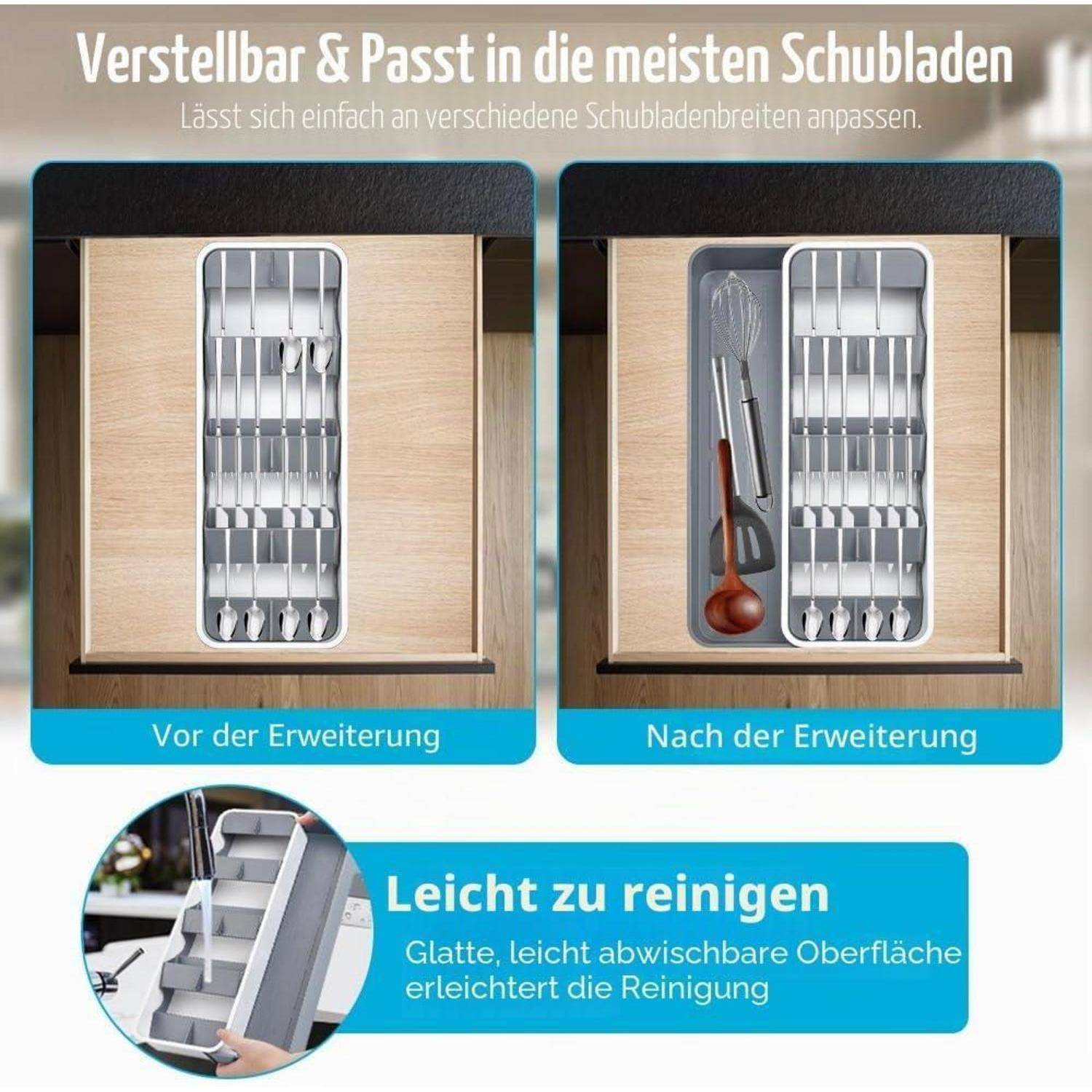 Anzeige für einen verstellbaren Schubladenorganizer, der sich an verschiedene Schubladenbreiten anpasst, mit Vorher- und Nachher-Darstellung der Erweiterung; leicht zu reinigen, mit glatter, abwischbarer Oberfläche.