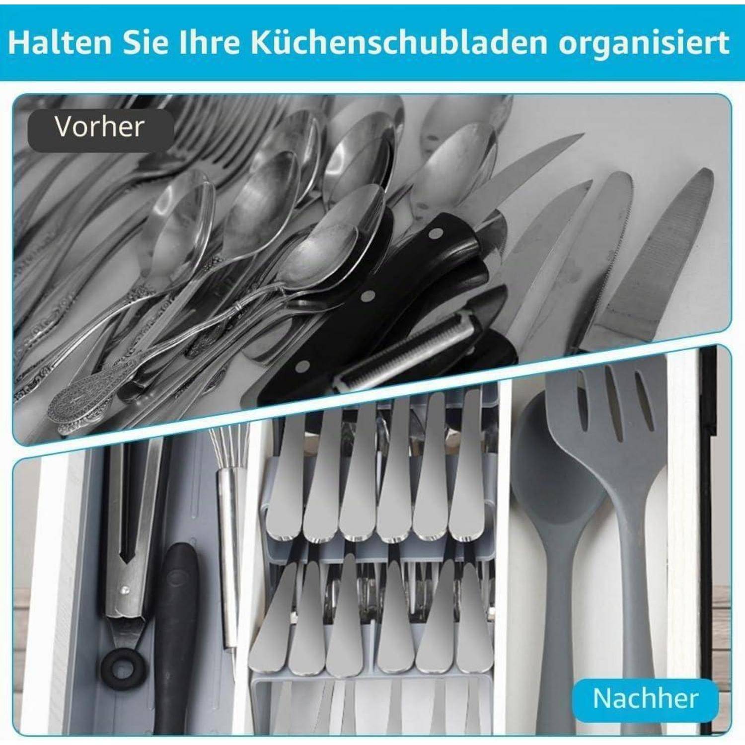 Schubladenorganisation vorher und nachher: Unordentliches Besteck mit der Beschriftung „Vorher