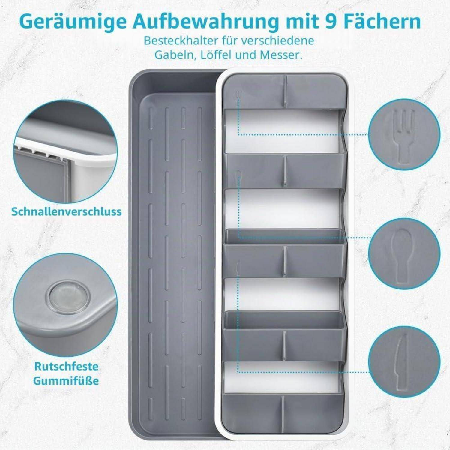 Grauer Besteckorganizer mit 9 Fächern, gekennzeichnet für verschiedene Gabel-, Löffel- und Messersorten; zeigt Schnellverschlussmechanismus und rutschfeste Gummifüße.