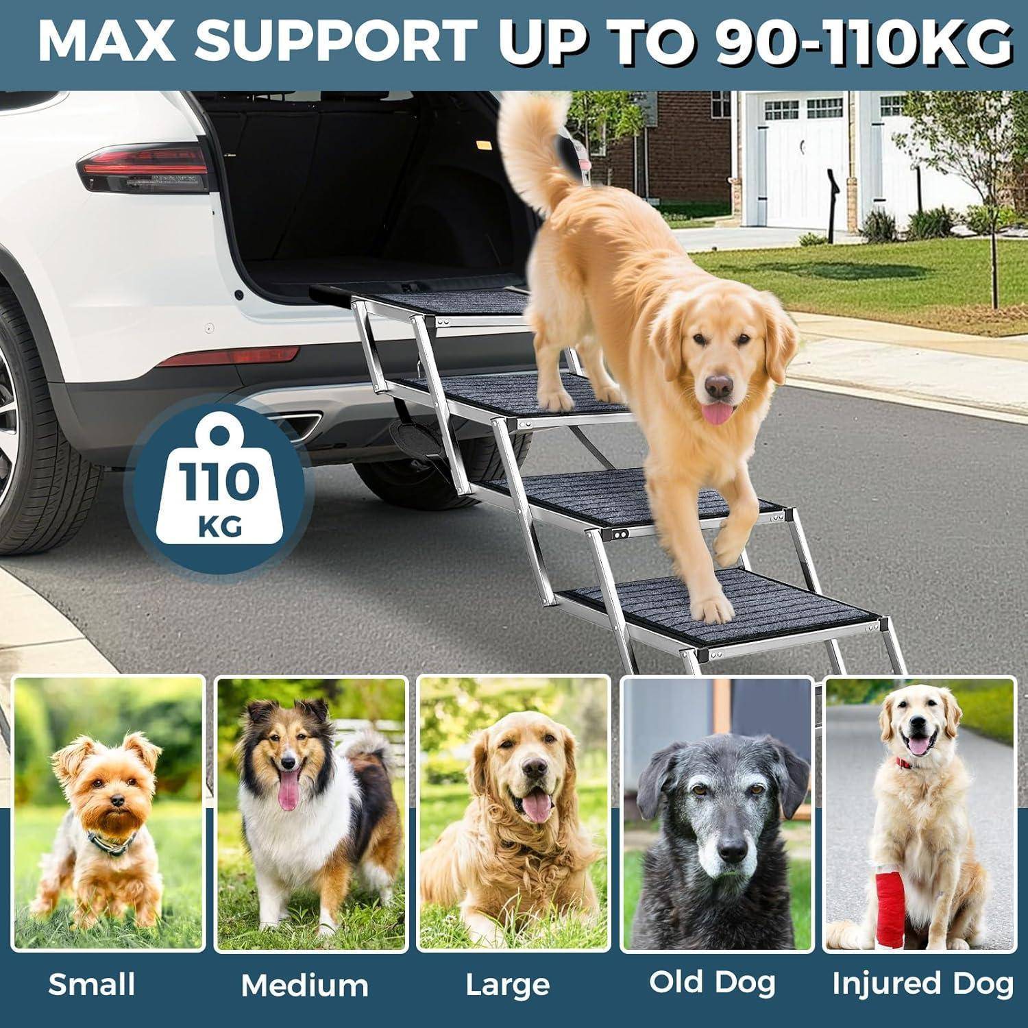 Werbebild einer Hunderampe neben einem SUV, das einen Golden Retriever zeigt, der hinuntergeht; der Text besagt „MAXIMALE TRAGFÄHIGKEIT BIS 90-110KG