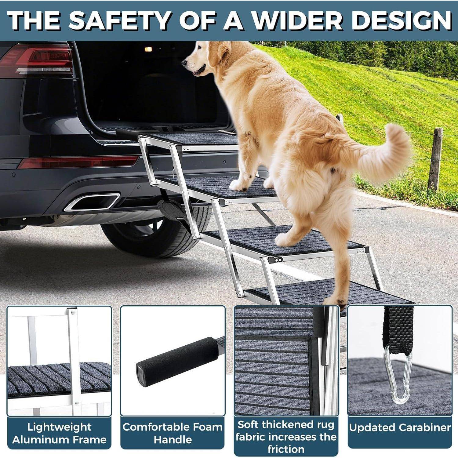 Golden Retriever klettert eine zusammenklappbare Rampe in einen SUV hinauf; Produktabbildungen in der Ecke zeigen den leichten Aluminium-Rahmen, den Schaumstoff-Griff, den verstärkten Teppichstoff und das aktualisierte Karabiner-System.