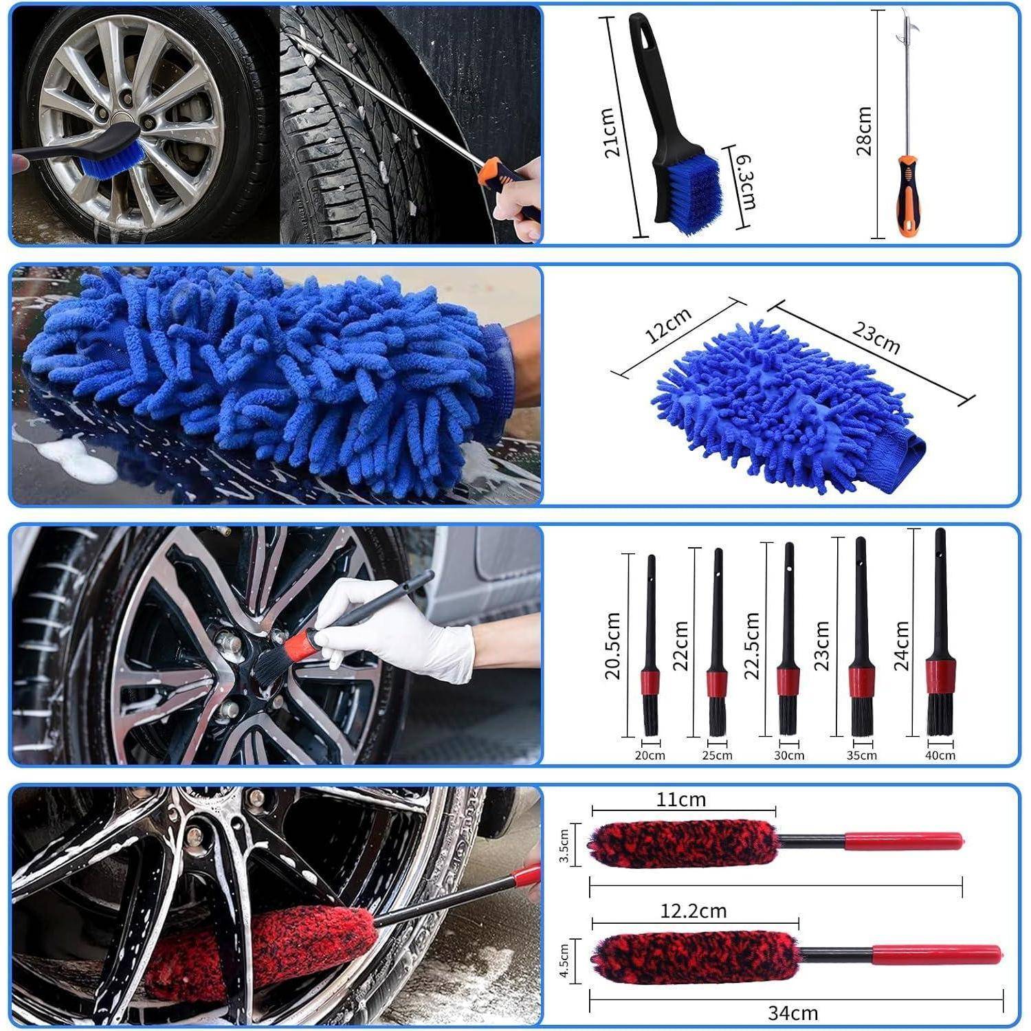 Collage von Autoreifen-Reinigungsbürsten und Mikrofaser-Rad-Abstauber-Werkzeugen, die die Verwendung auf Felgen und Größenmessungen in Zentimetern zeigen.