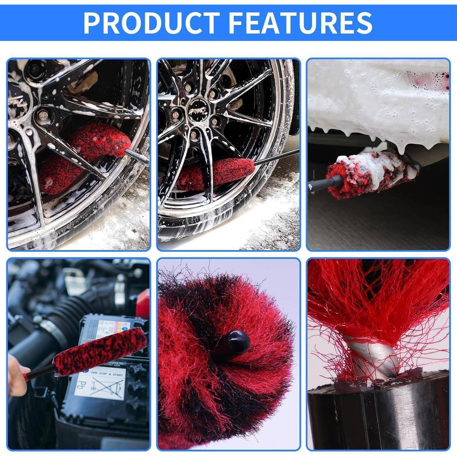 Die Produktmerkmale-Collage zeigt eine rot-schwarze flexible Reinigungsbürste, die zum Schrubben von Autoreifen, Motorteilen und engen Spalten verwendet wird.