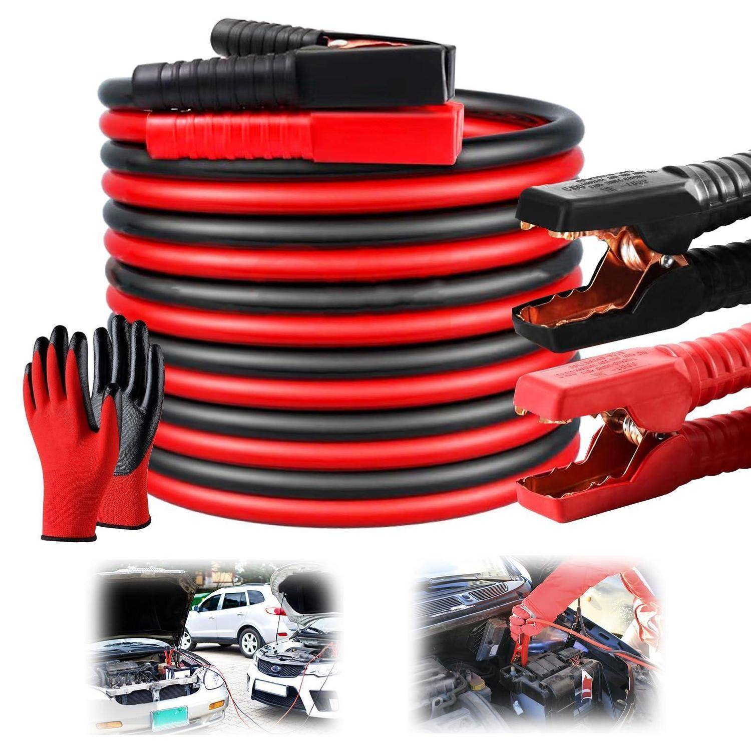 Aufgerollte rote und schwarze Starthilfekabel mit Klemmen und isolierten Handschuhen, gezeigt mit kleinen eingefügten Fotos zum Starten einer Autobatterie mit Starthilfekabeln.