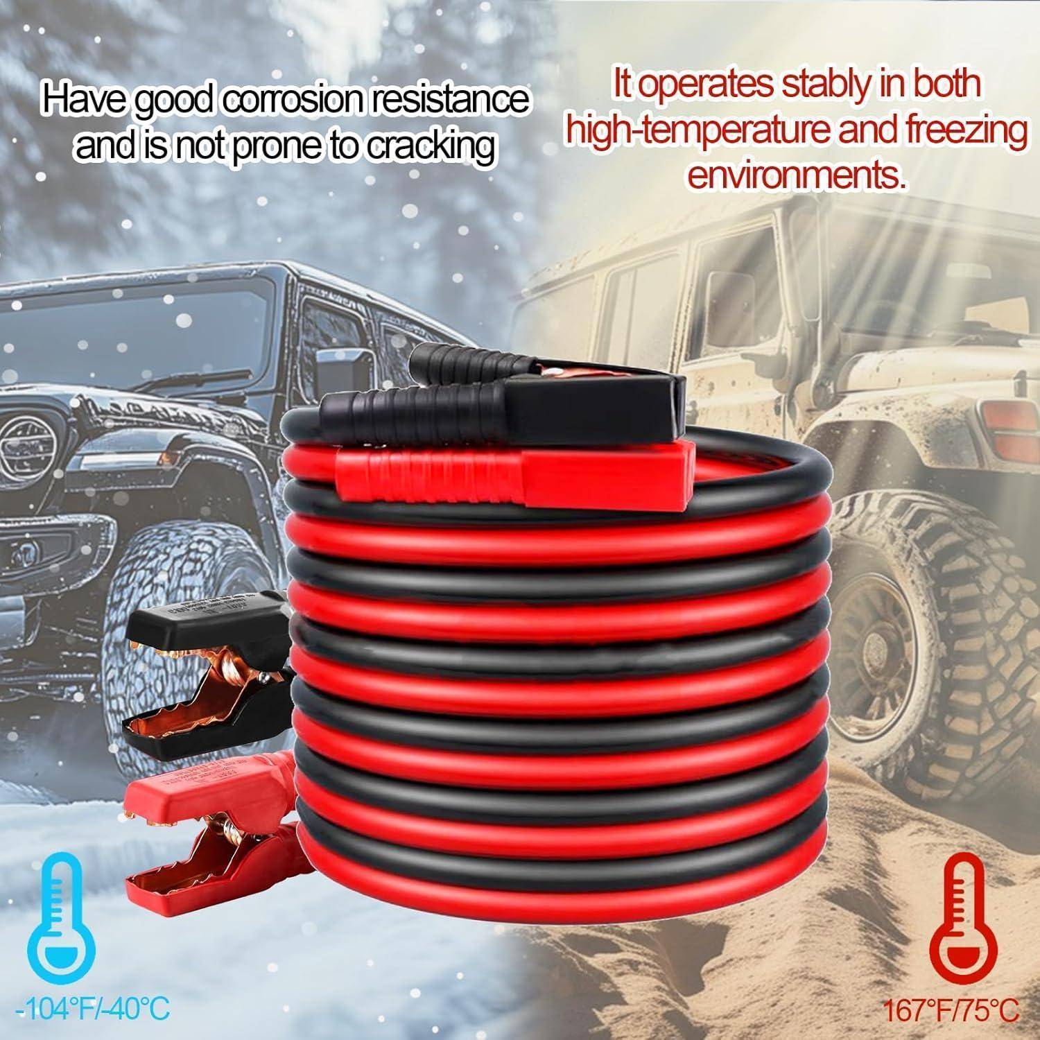 Aufgewickelte rot-schwarze Batterieüberbrückungskabel mit Klemmen, dargestellt als langlebig bei kaltem und heißem Wetter; der Text besagt, dass sie korrosionsbeständig und rissbeständig sind und von -104°F/-40°C bis 167°F/75°C funktionieren.