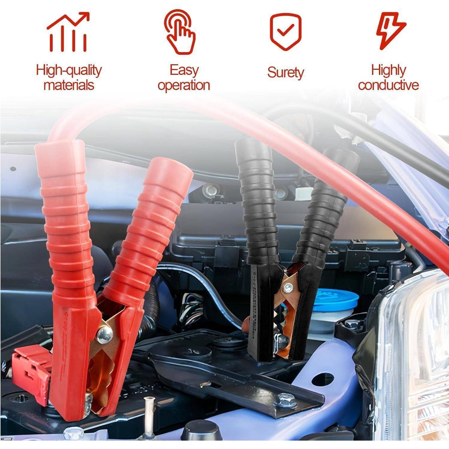 Autobatterie-Starthilfekabel mit Klemmen im Motorraum angeschlossen, mit Symbolen für „Hochwertige Materialien