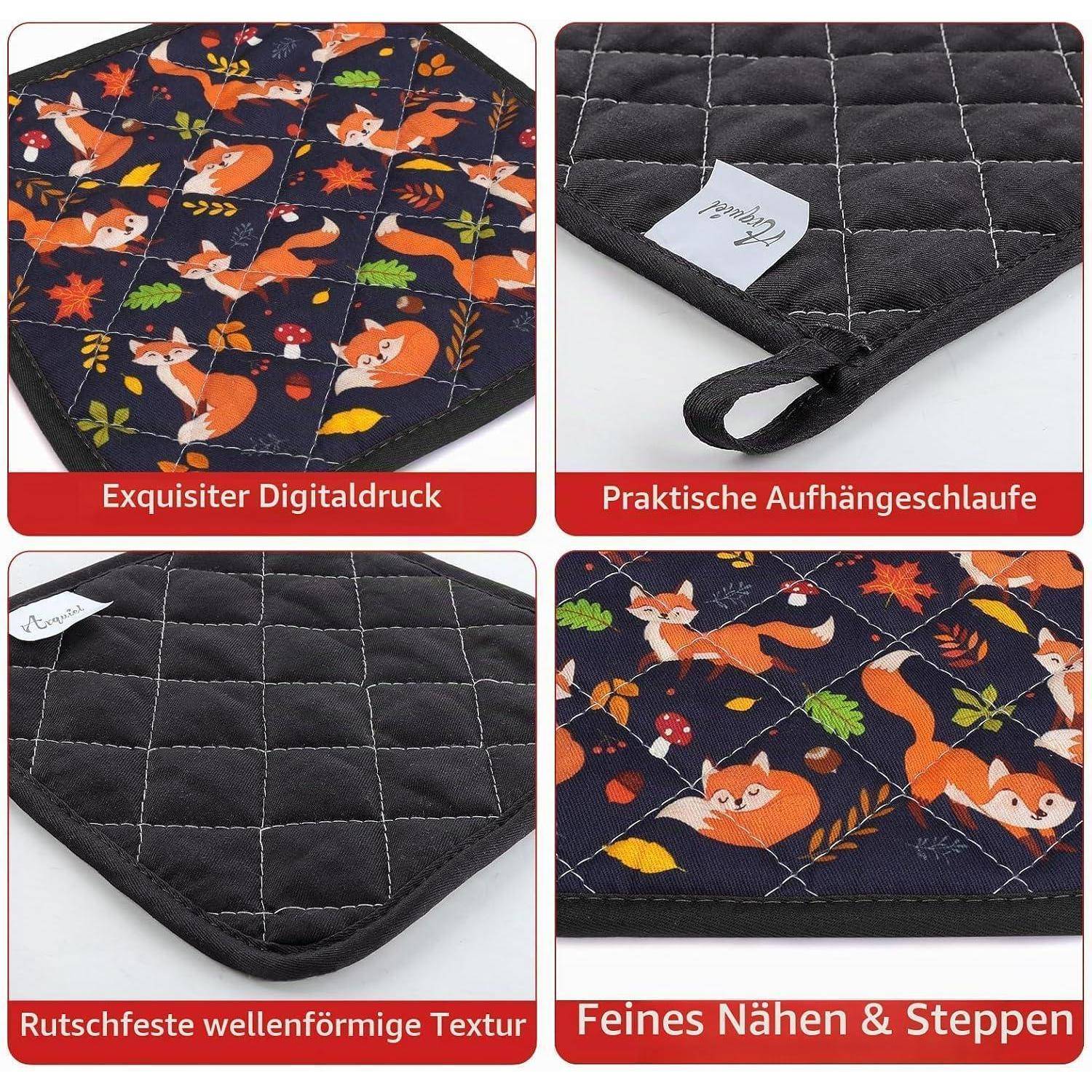 Vierteiliges Produktbild einer gesteppten Matte mit Fuchsmuster, das die bedruckte Vorderseite, die Aufhängeschlaufe, die rutschfeste wellige Textur und die feinen Nähte zeigt.