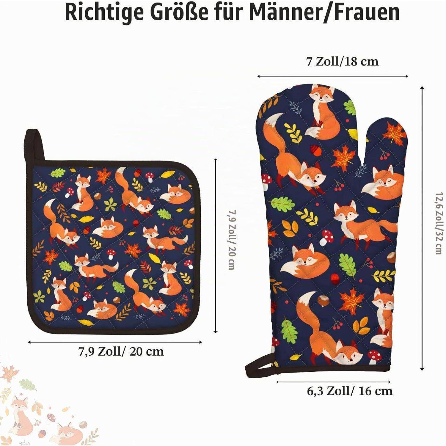 Größenleitfaden für Ofenhandschuh und Topflappen mit Fuchsmuster, gekennzeichnet in Deutsch: Handschuh 12,6 x 6,3 Zoll und Topflappen 7,9 x 7,9 Zoll, mit Griffschlaufe.