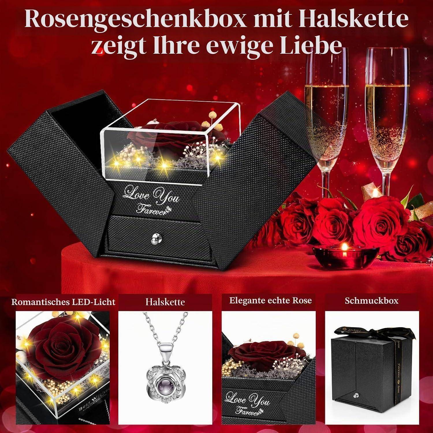 Rote-Rosen-Geschenkbox mit Halskette und LED-Leuchten, gezeigt als romantisches „Ich liebe dich für immer
