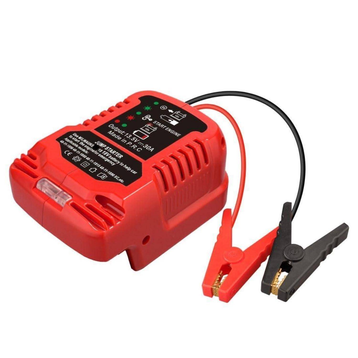 Roter Batterieladegerät mit roten und schwarzen Krokodilklemmen zum Laden von 12-V-Batterien.
