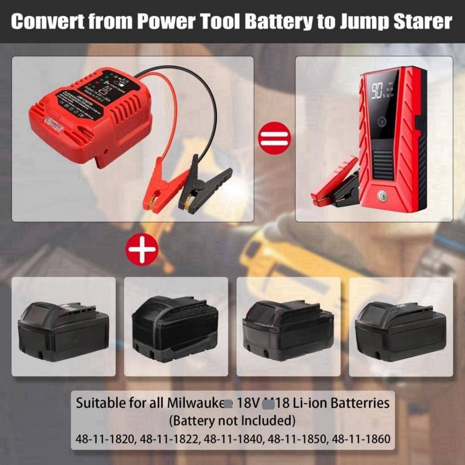 Grafik eines Elektrowerkzeug-Batterie-Adapters, der Milwaukee 18V/18V Li-Ionen-Batterien in einen Starthilfegerät-Adapter umwandelt; enthält Produktabbildungen und kompatible Batteriemodellenummern.