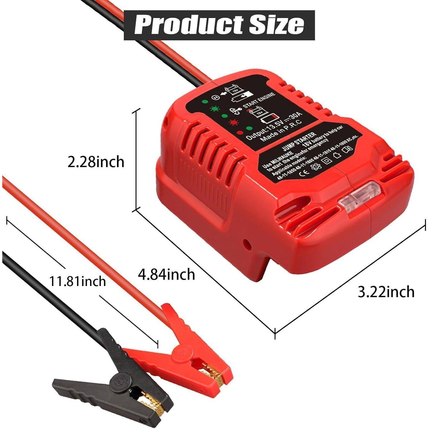 Größendiagramm eines roten Batterieladegeräts mit Kabeln und Klemmen, gekennzeichnet mit 4,84 Zoll Länge, 3,22 Zoll Breite und 2,28 Zoll Höhe; Kabellänge 11,81 Zoll.