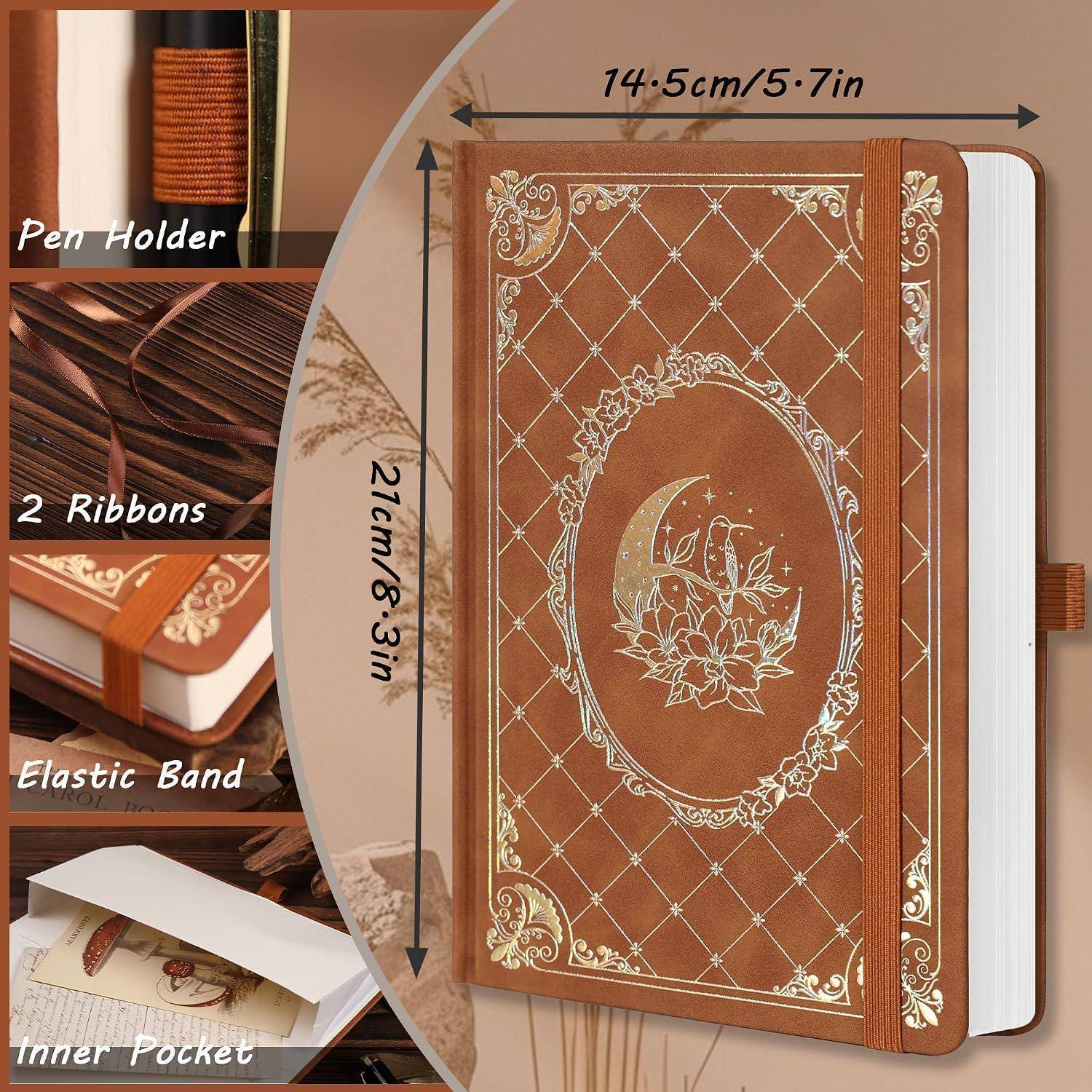 Braunes Blumenmotiv-Hardcover-Notizbuch mit den Abmessungen 14,5 cm x 21 cm, ausgestattet mit Stifthalter, zwei Bändern, Gummiband und innerer Tasche.