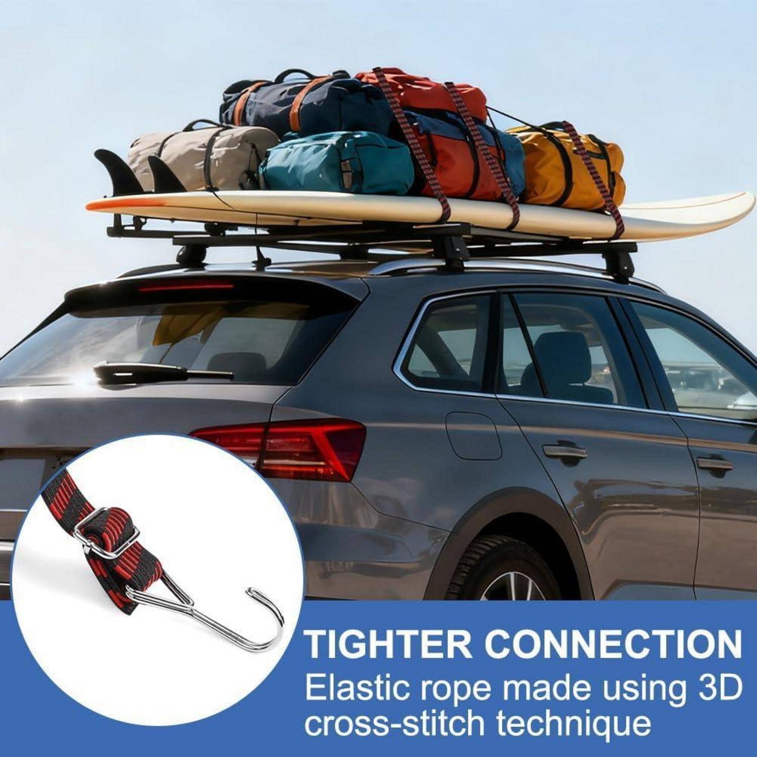 SUV mit Surfboards und Ausrüstung auf dem Dachgepäckträger befestigt, mit einer elastischen Seillöse in der Vergrößerung und Text „STRAFFERE VERBINDUNG