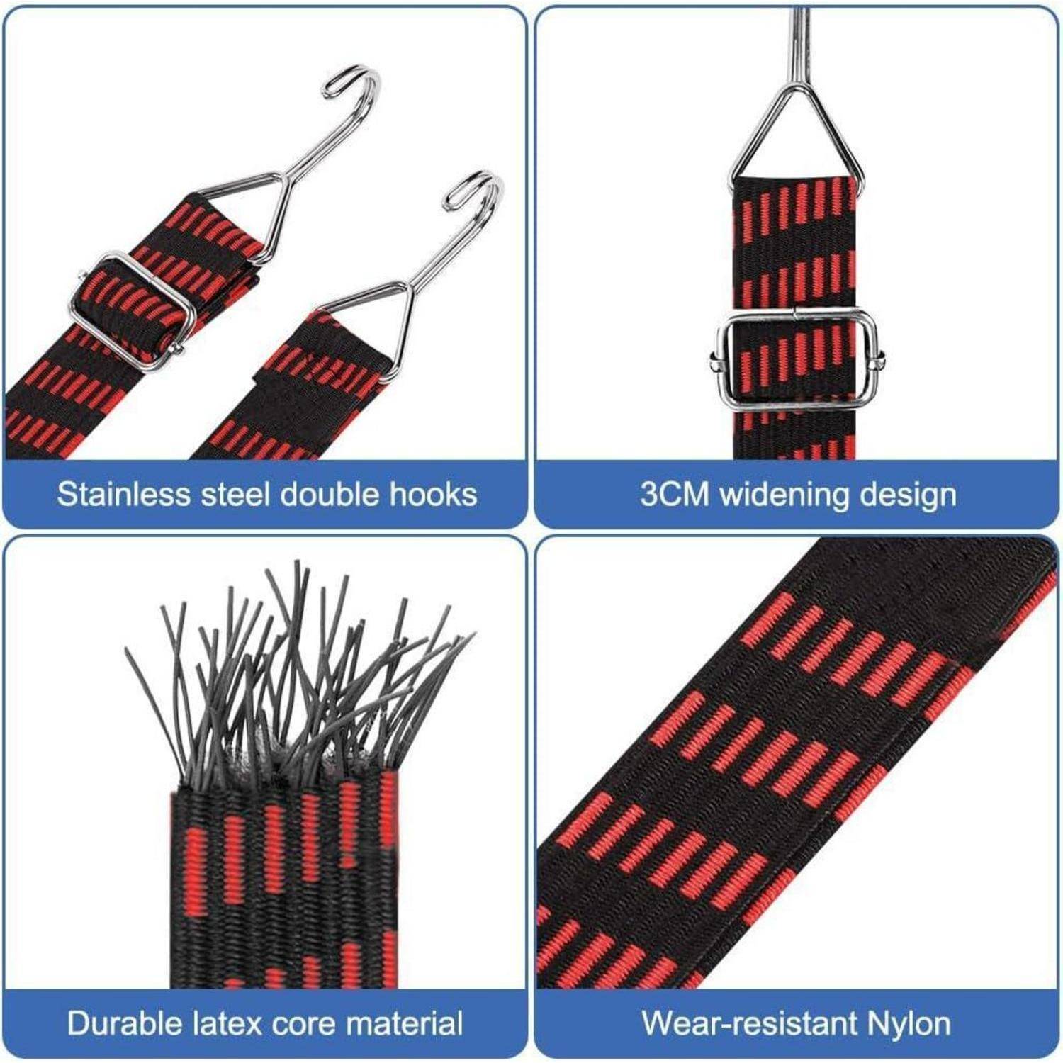 Produktcollage mit einem schwarz-roten Nylonriemen mit Edelstahl-Doppelhaken, 3 cm breiter Ausführung, strapazierfähigem Latexkern und verschleißfestem Nylon.