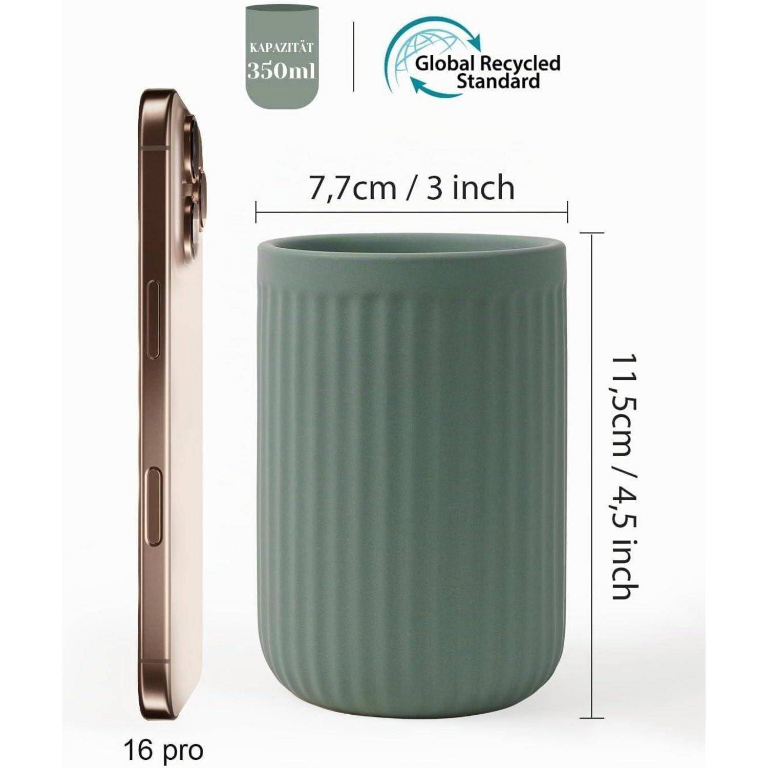 Grüner 350-ml-Becher mit Abmessungen von 7,7 cm Breite und 11,5 cm Höhe; Seitenansicht eines „16 Pro