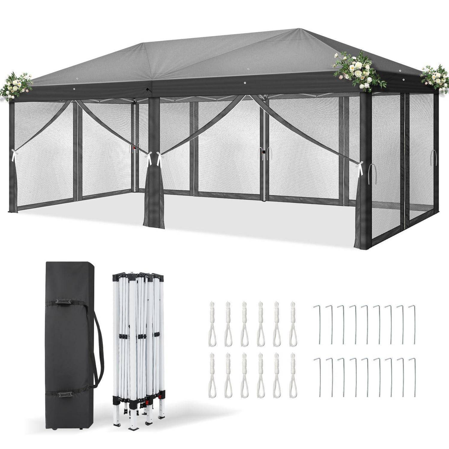 Schwarzes Gazebo-Dach mit Mesh-Seitenwänden und Vorhängen, gezeigt mit enthaltenem Tragetasche, Rahmenstangen, Heringen und Spannclips.