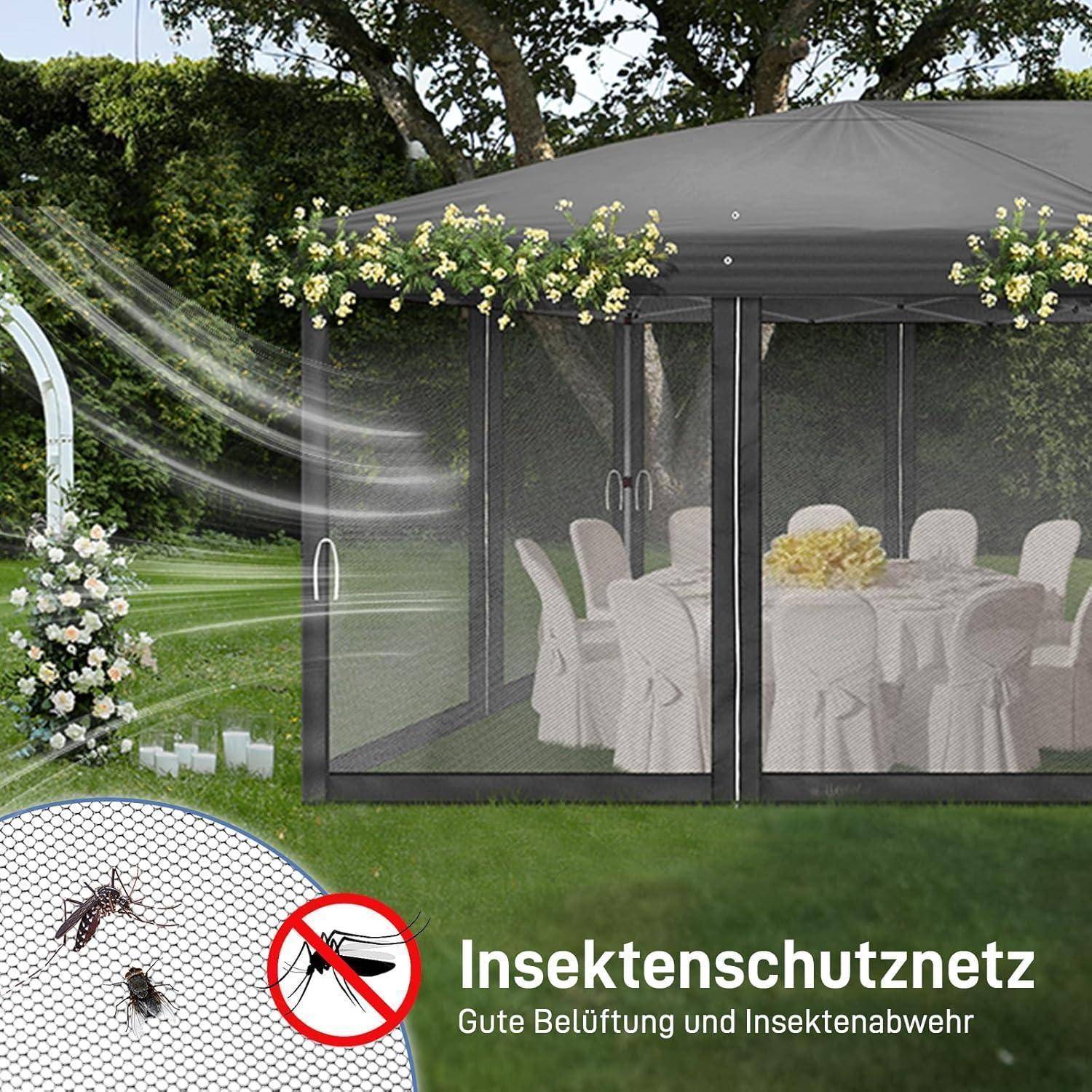 Gazebo im Freien, umgeben von Insektenschutznetzen und Blumengirlanden, mit Essplatz im Inneren; beschriftetes Etikett kennzeichnet es als „Insektenschutznetz" mit Text über Belüftung und Insektenschutz.
