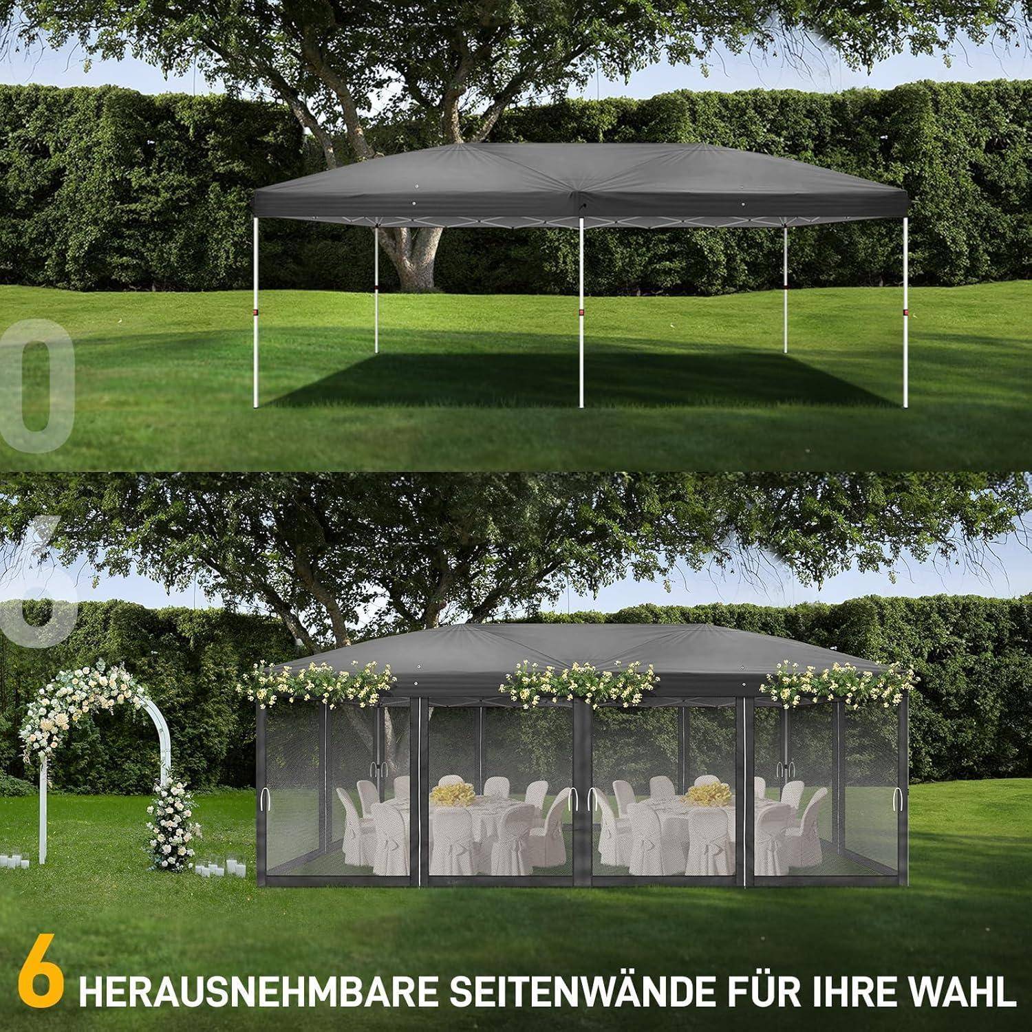 Faltpavillon 3x6m Anthrazit, Wasserdicht, UV 50+, 6 Moskitonetze