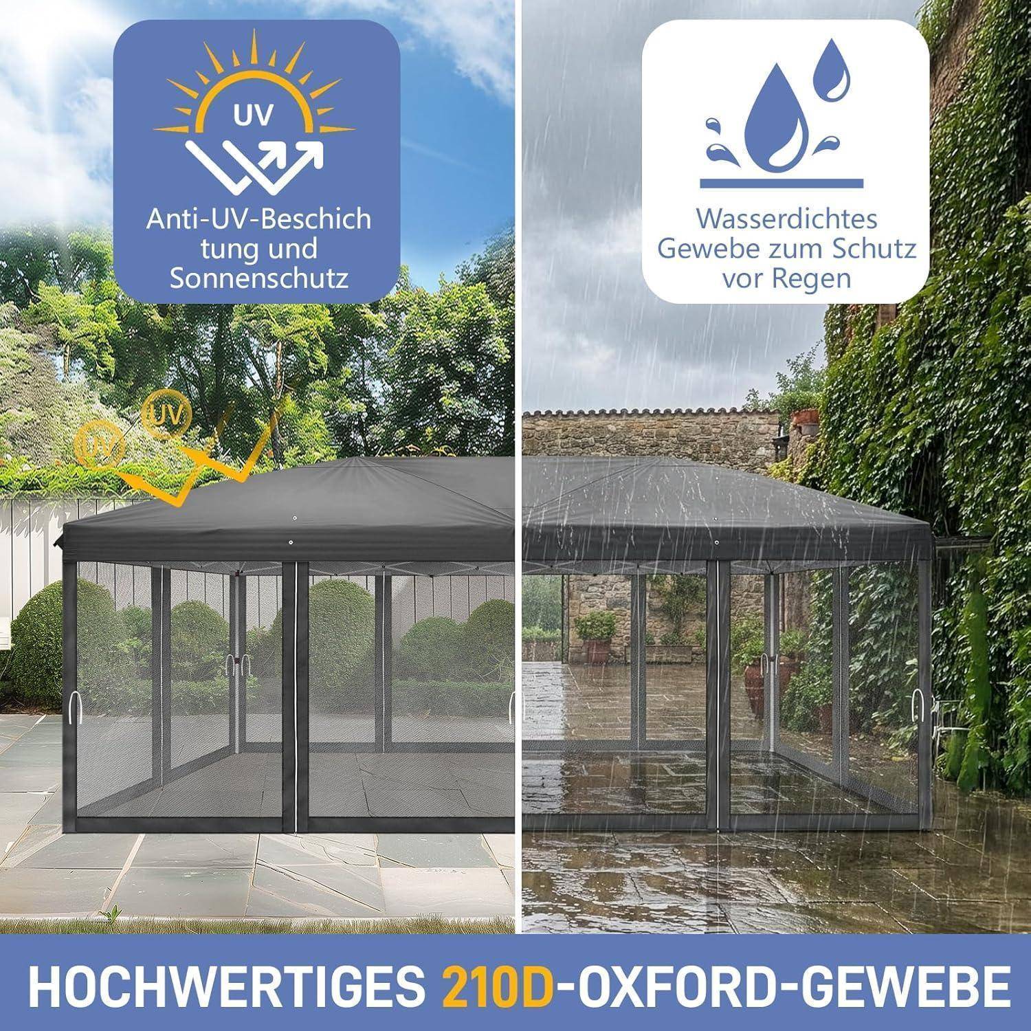 Split-Screen-Pavillon-Markise-Anzeige mit UV-Schutz auf der linken Seite und wasserdichter Regenschutz auf der rechten Seite, mit Text „Hochwertiges 210D-Oxford-Gewebe".