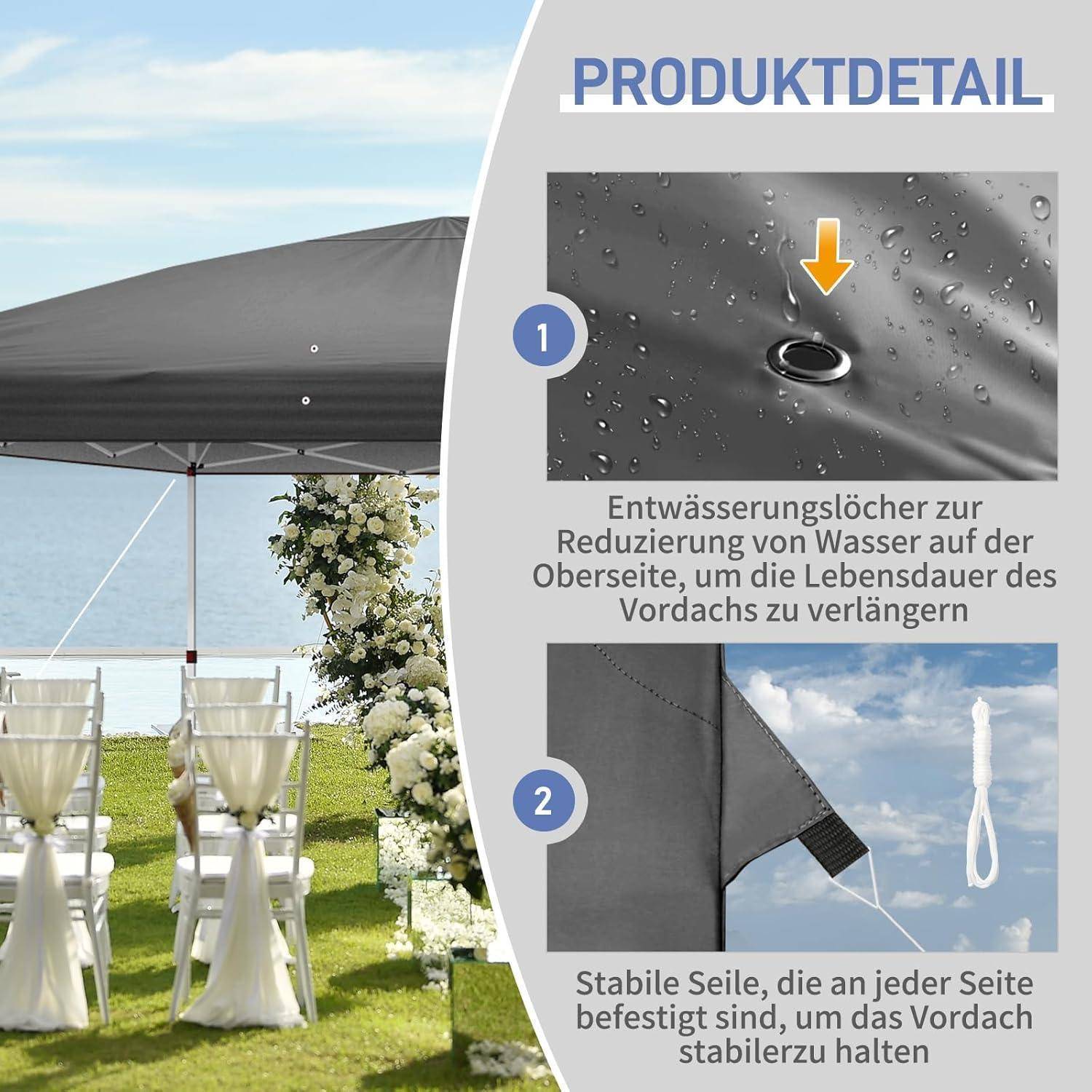 Produktdetail-Grafik zeigt ein Kuppelzelt mit Entwässerungslöchern und stabilen Seitenseilen, die Wasserdichtheit und Stabilitätsfunktionen erläutern.