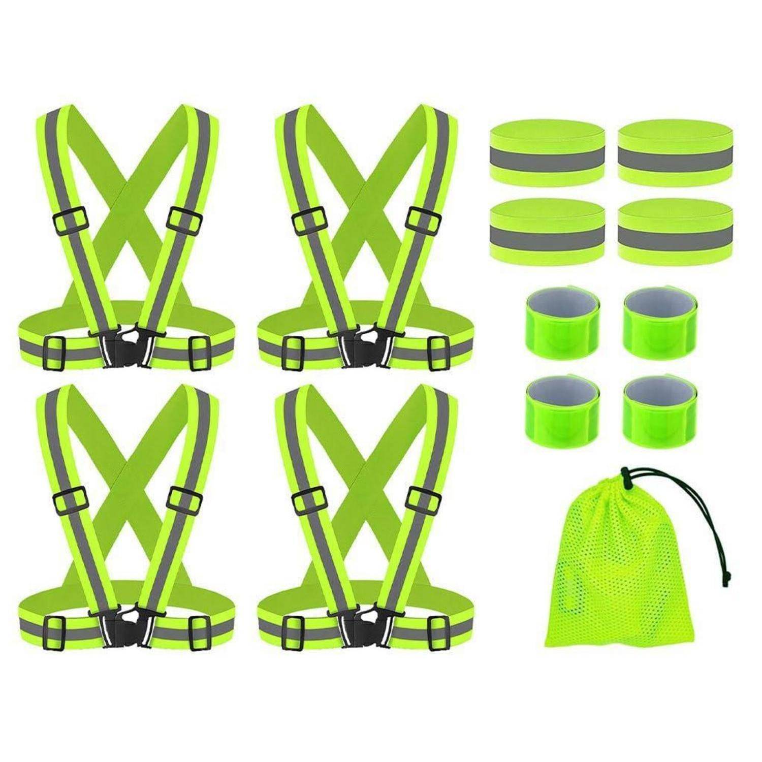 Hochsichtbares neongrünes reflektierendes Sicherheitsgeschirr-Set mit vier verstellbaren Westen, vier Armbändern, vier Beinschienbändern und einer Netz-Tragetasche.
