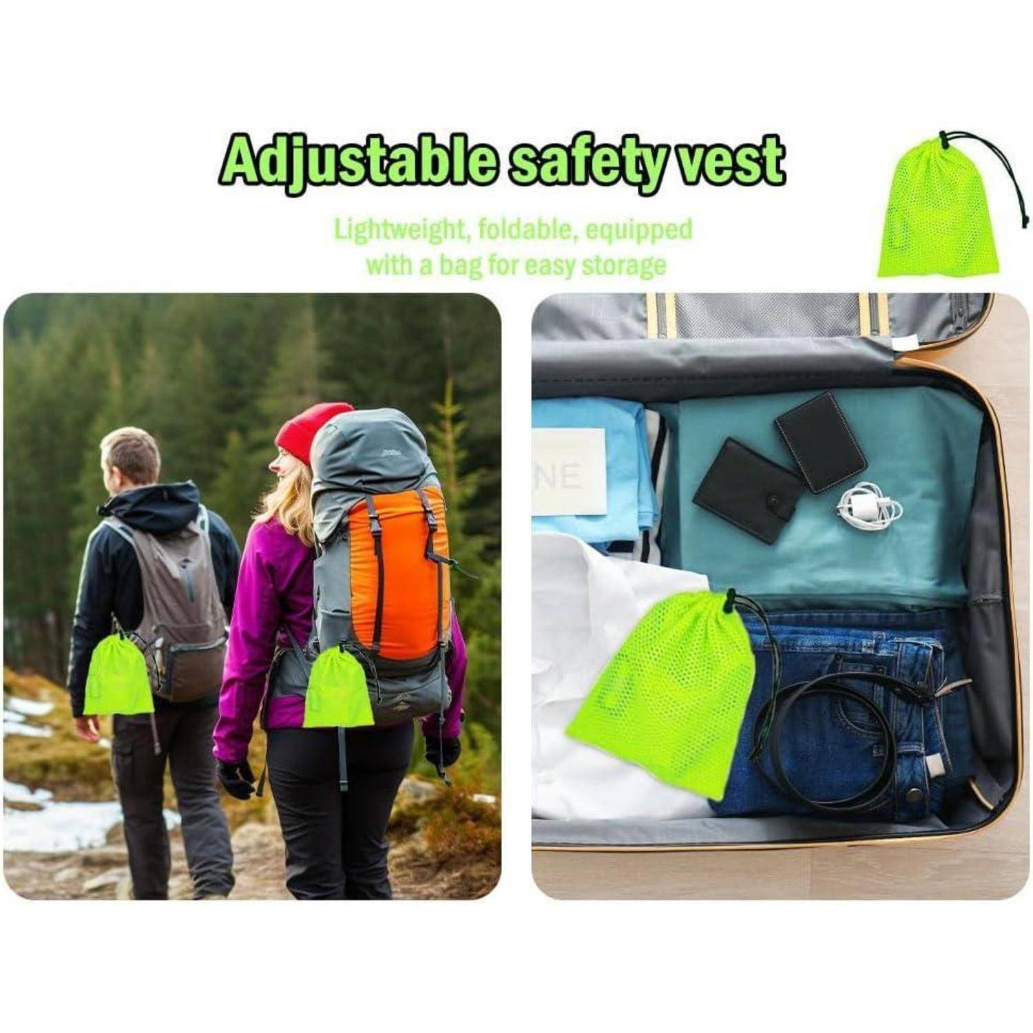 Werbebild einer verstellbaren Sicherheitsweste, leicht und faltbar mit einer Aufbewahrungstasche, gezeigt auf Wanderern und gepackt in einem Koffer.