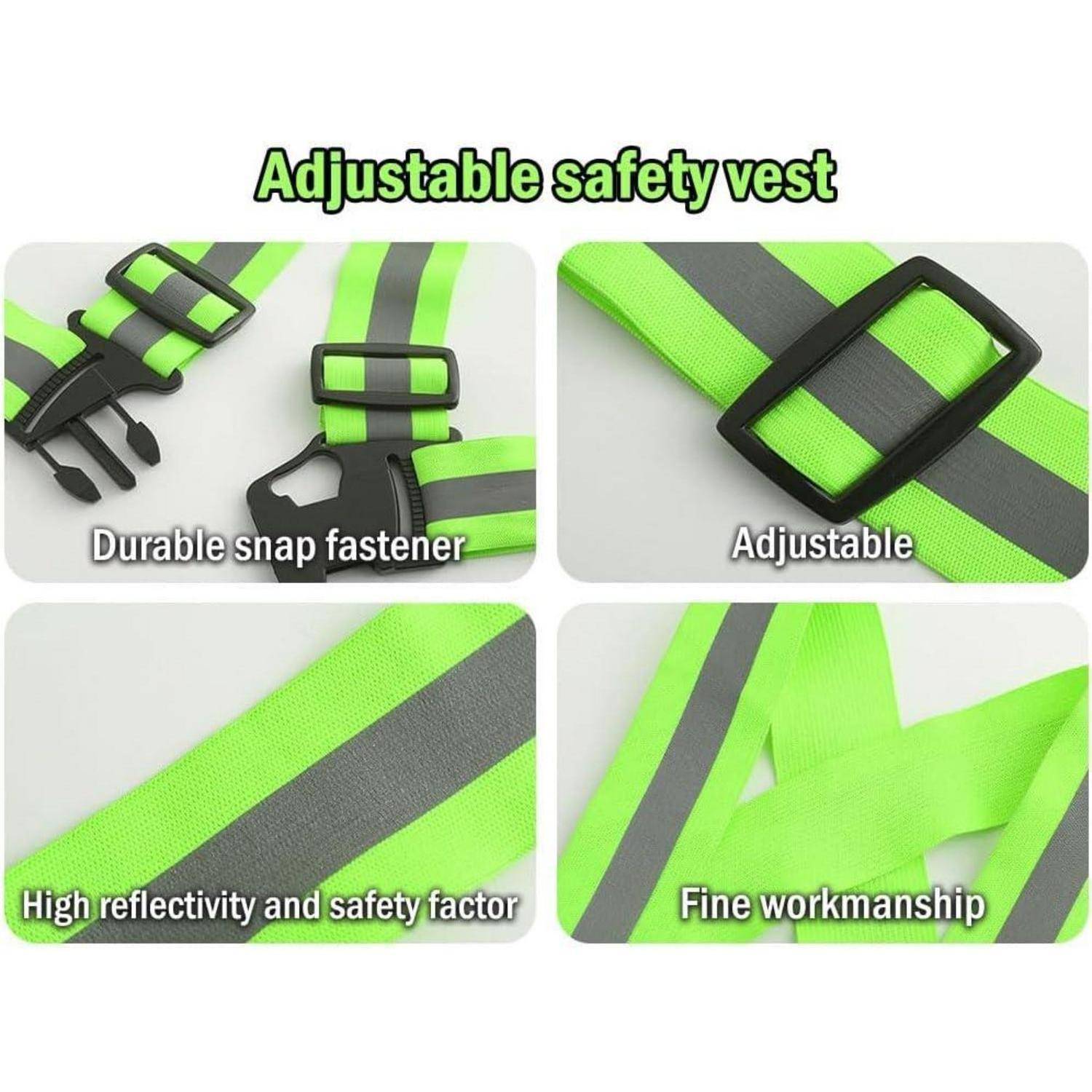 Werbegrafik einer verstellbaren neongrünen Sicherheitsweste mit Druckknopfverschluss, verstellbarem Riemen, hoher Reflektivität und feiner Verarbeitung.