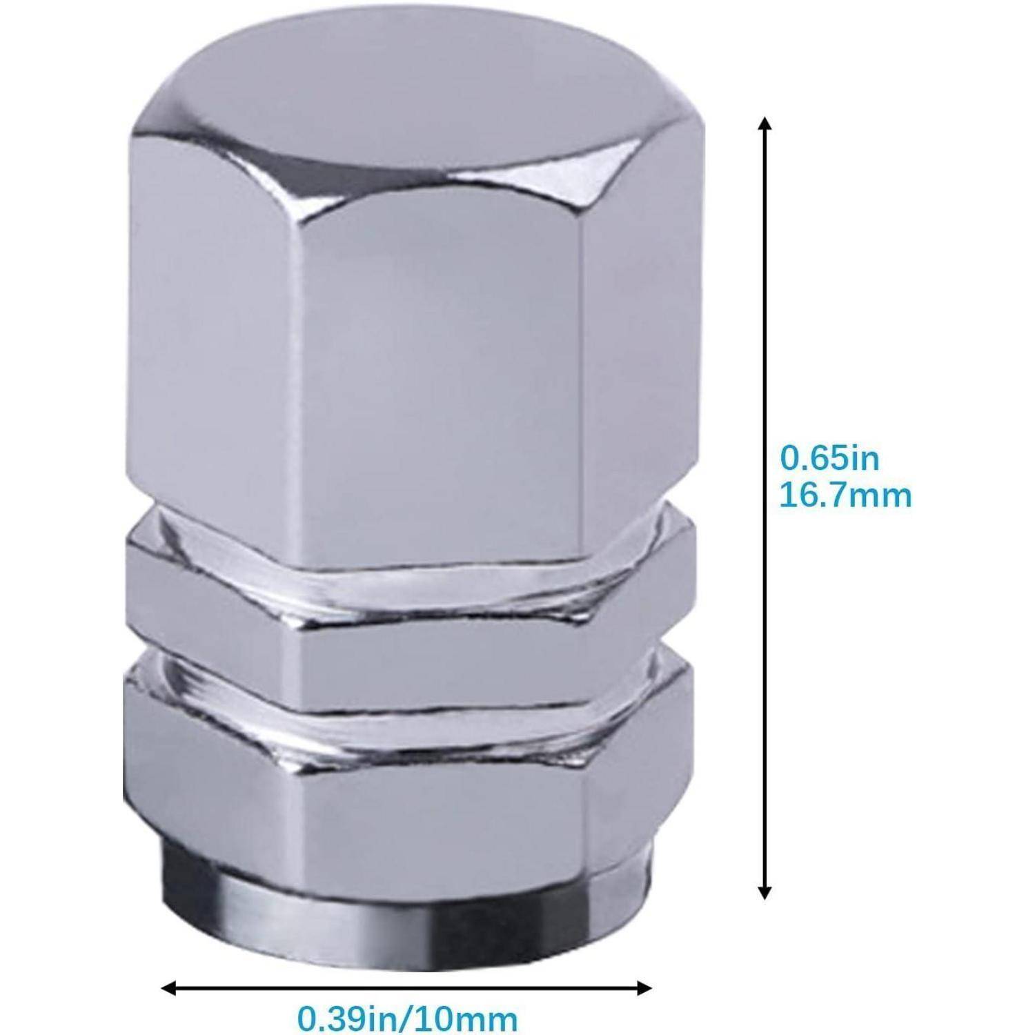 Verchromte Sechskantmutter mit beschrifteten Abmessungen 0,65 Zoll (16,7 mm) Höhe und 0,39 Zoll (10 mm) Breite.