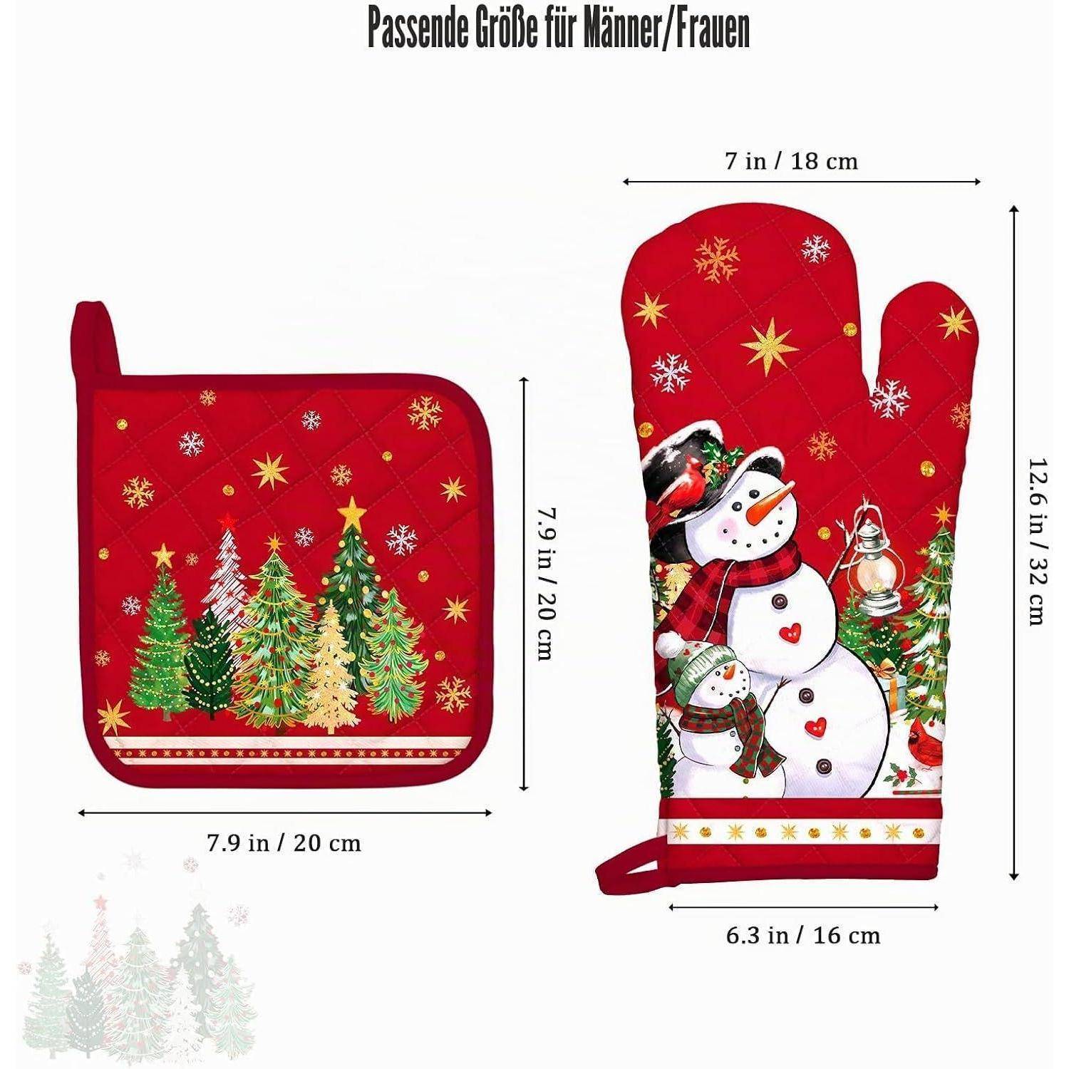 Paar rote Weihnachts-KüchenAccessoires: ein quadratischer Topflappen und ein Ofenhandschuh, dekoriert mit Schneemännern, Bäumen und goldenen Sternen, mit angezeigten Größenmessungen.