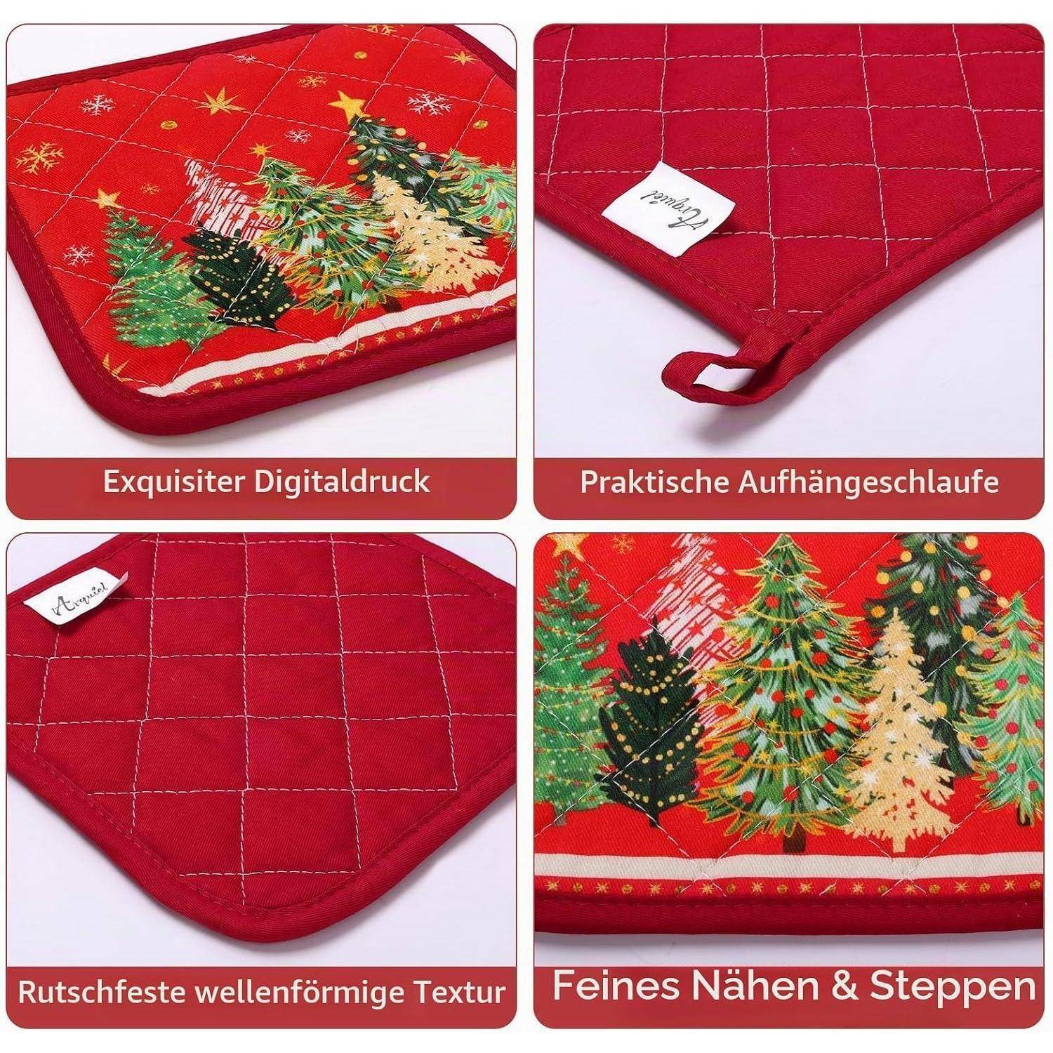 Rote gesteppte Weihnachtssitzauflage mit Baumdruck, rutschfeste Wellentextur, Aufhängeschlaufe und feiner Stepperei; deutsche Merkmalsetiketten gezeigt.