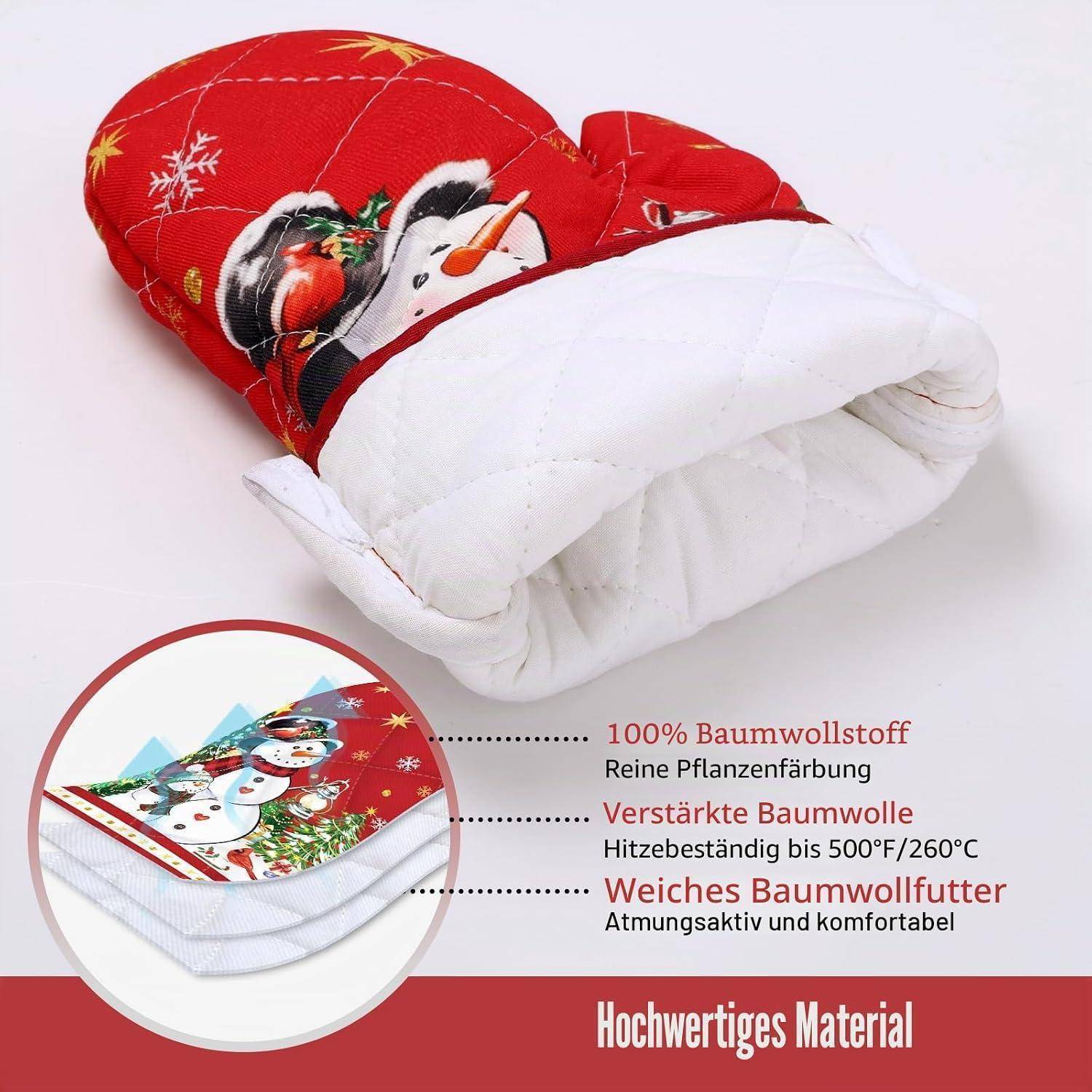 Weihnachtsthematischer rot-weißer gesteppter Ofenhandschuh oder Topflappen, gezeigt mit einer vergrößerten Detailansicht und deutschem Text, der 
