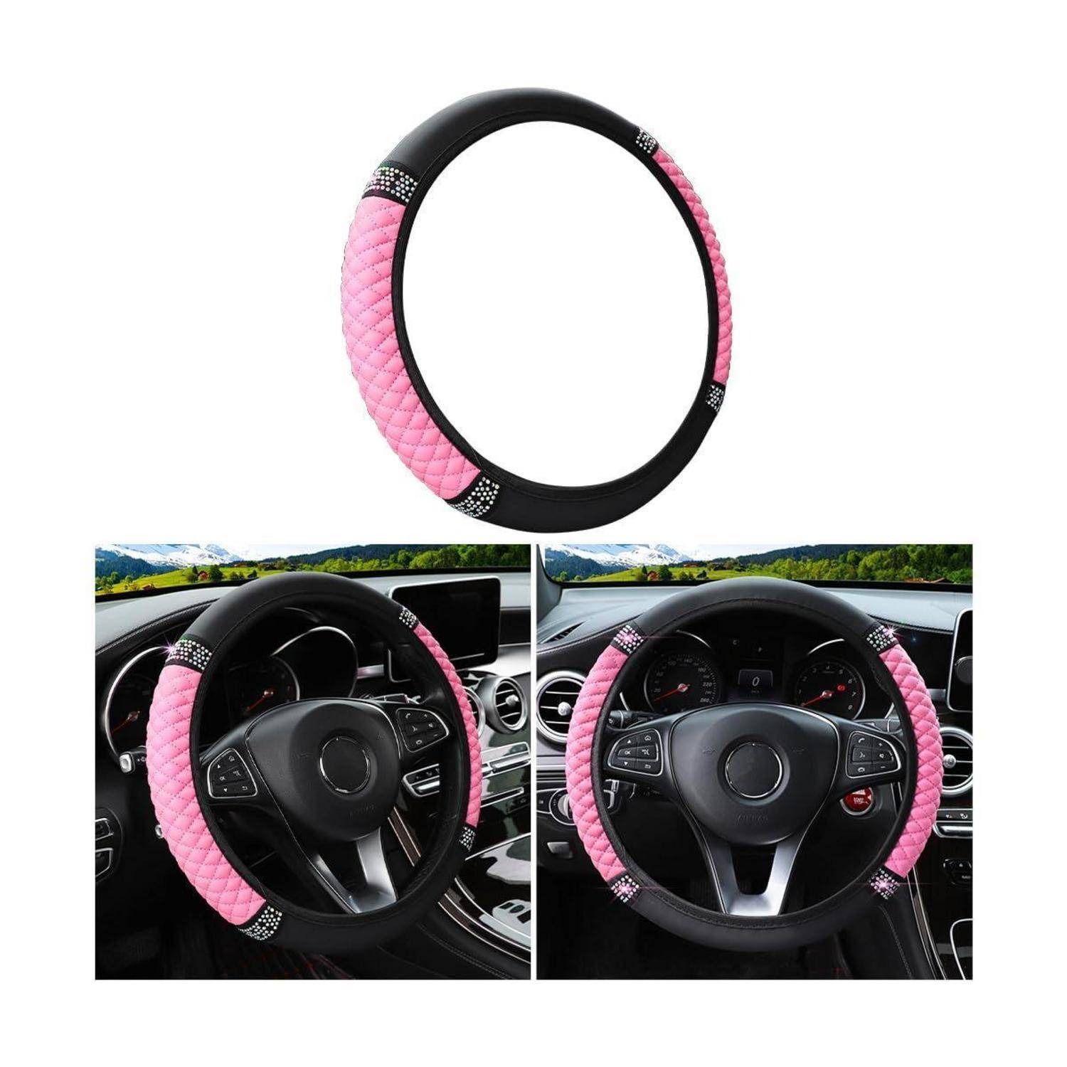 Rosa gesteppte Lenkradabdeckung, gezeigt auf einem Rad und in zwei Autoinnenräumen installiert, mit schwarzen Verzierungen und Strass-Akzenten.
