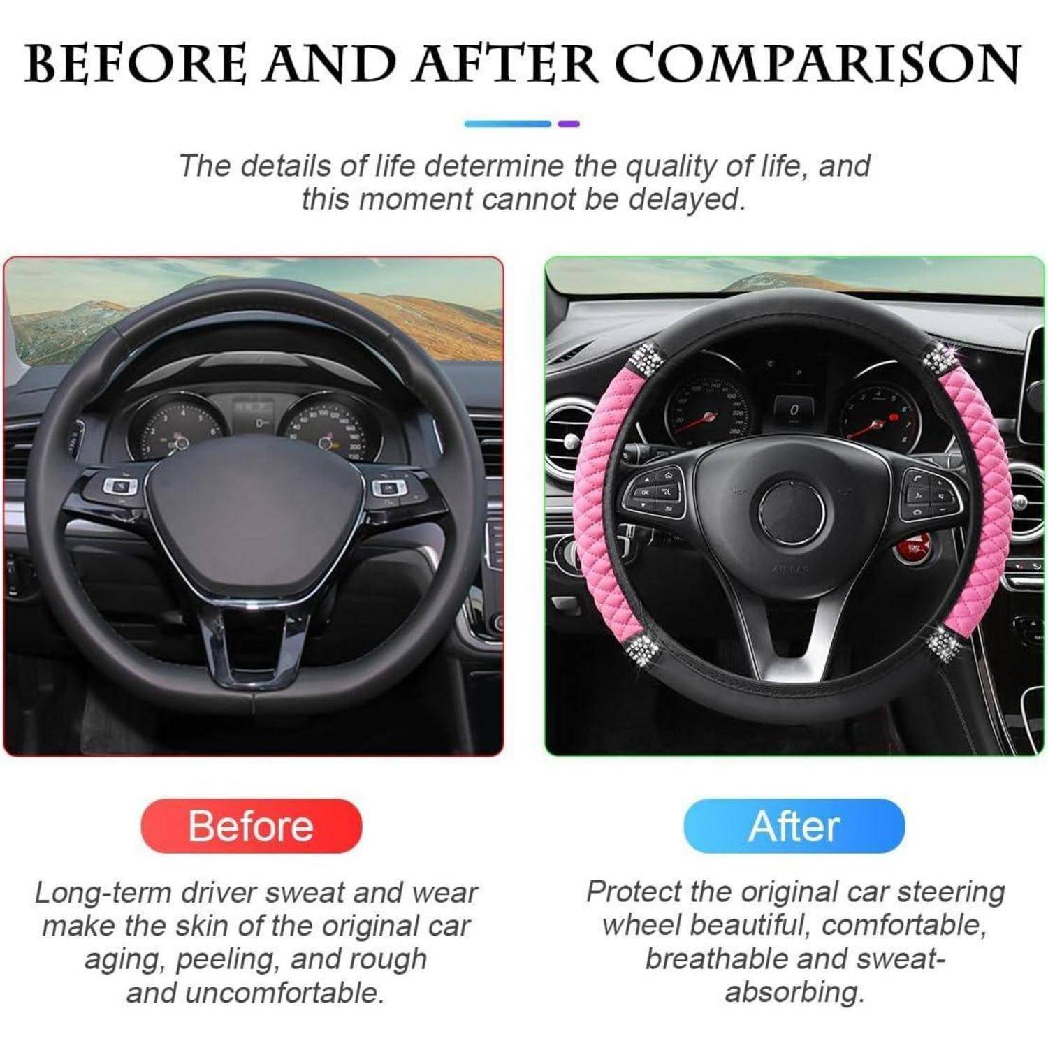 Vorher-Nachher-Vergleich eines Autolenkrads: Das blanke Lenkrad sieht abgenutzt aus; eine rosa Abdeckung im Nachher-Bild erhöht den Komfort und den Schutz.