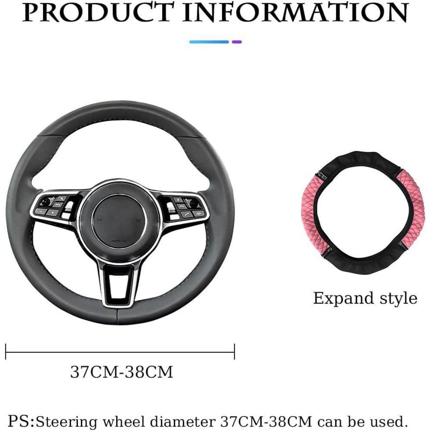 Produktinformationsgrafik zeigt eine Lenkradabdeckung für Lenkräder mit 37 cm bis 38 cm Durchmesser, mit einer Vollradansicht und einer Musterring im "Expand Style"".