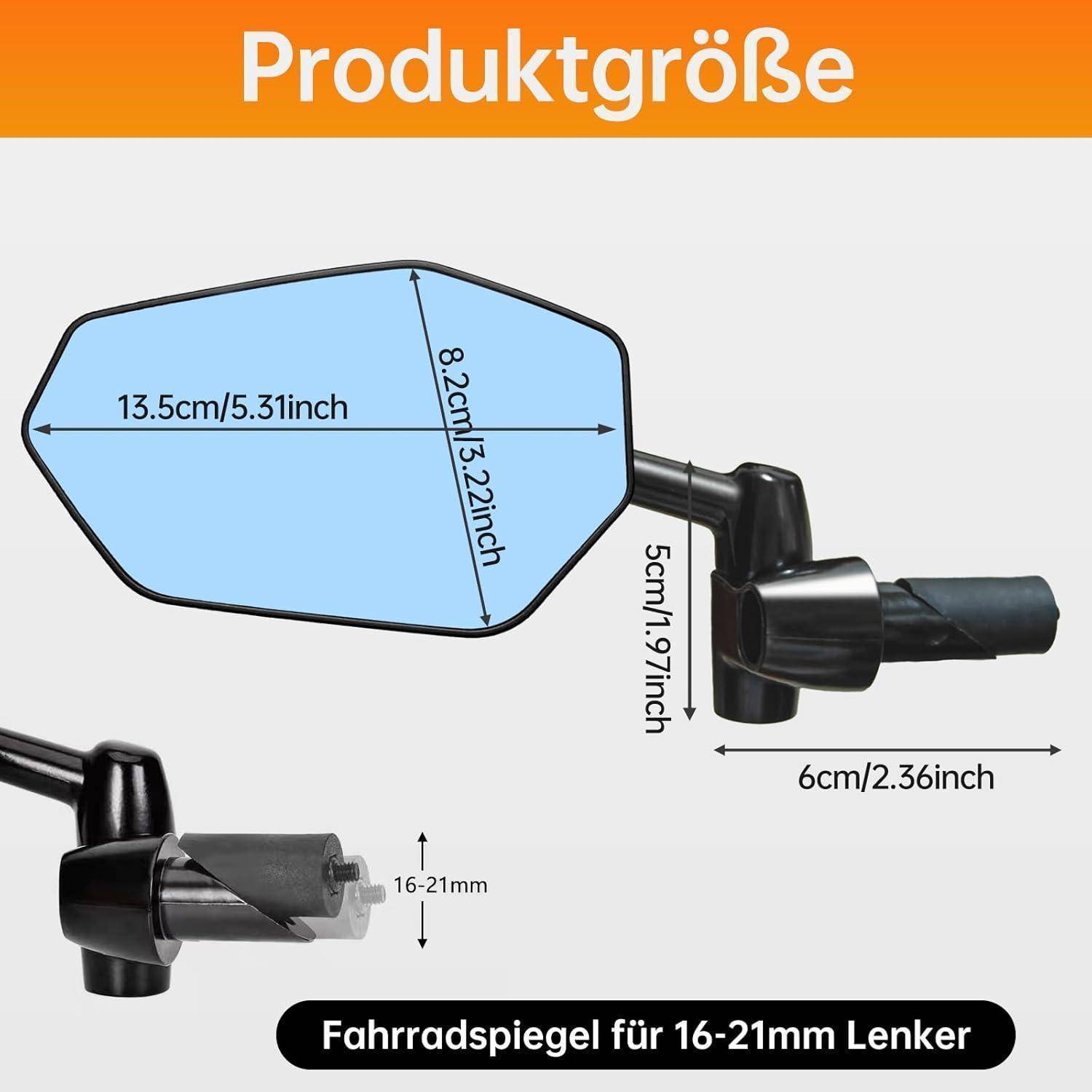 Produktgrößendiagramm für einen Fahrradspiegel auf 16-21 mm Lenkstangen, zeigt Spiegelmessungen von 13,5 x 8,2 cm und Befestigungsarmmessungen von 5 cm und 6 cm.